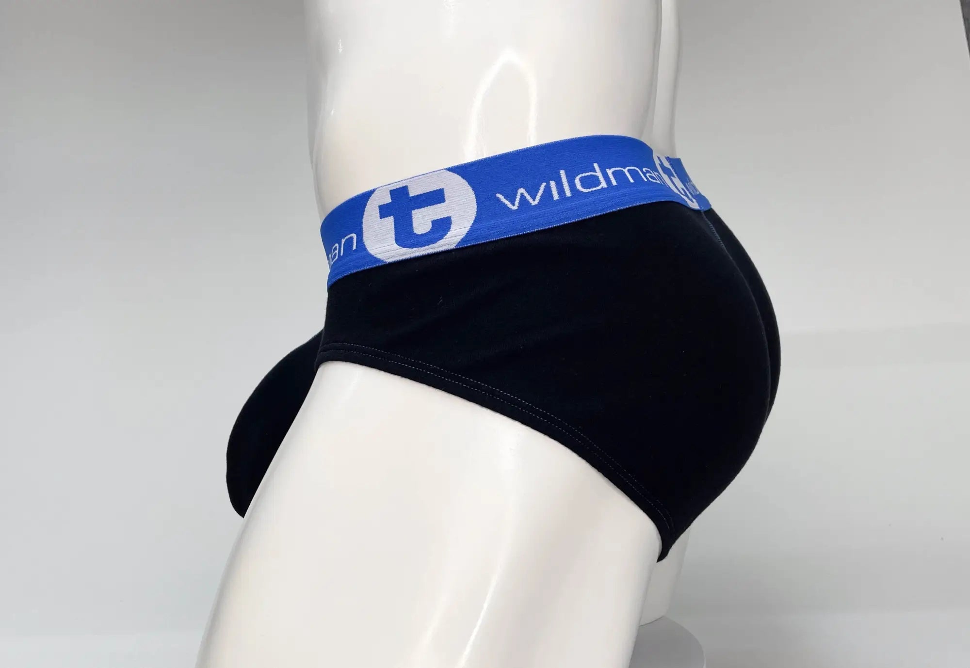 Black cotton wildmant big boy pouch briefs with blue elastic waistband and white wildme logo lettering