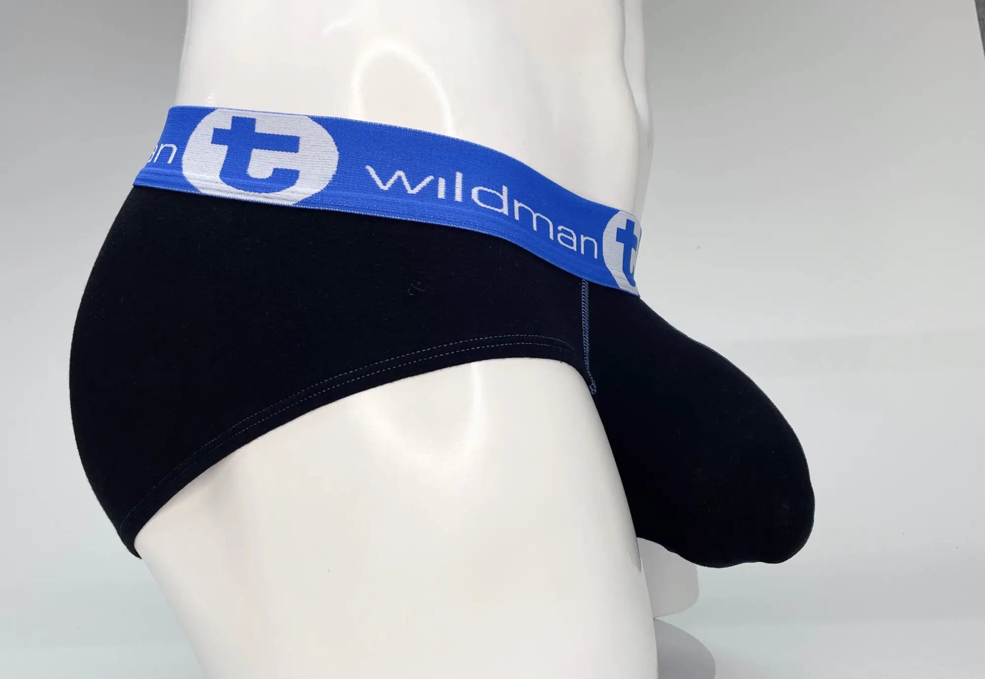 Black cotton wildmanT big boy pouch briefs with blue elastic waistband and white wildman logo lettering