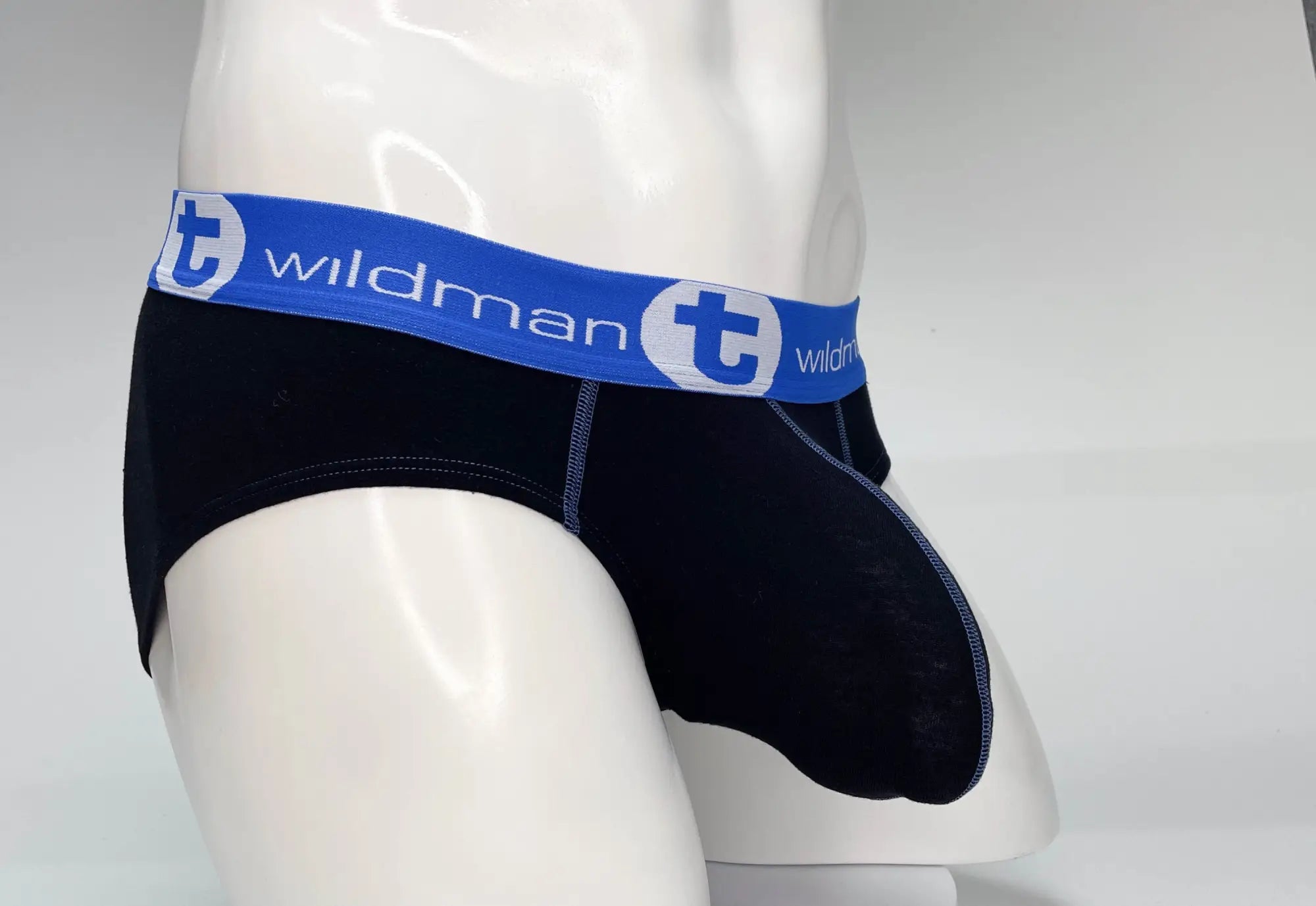 Wildmant big boy pouch cotton brief black with blue elastic waistband featuring wildman logo in white lettering