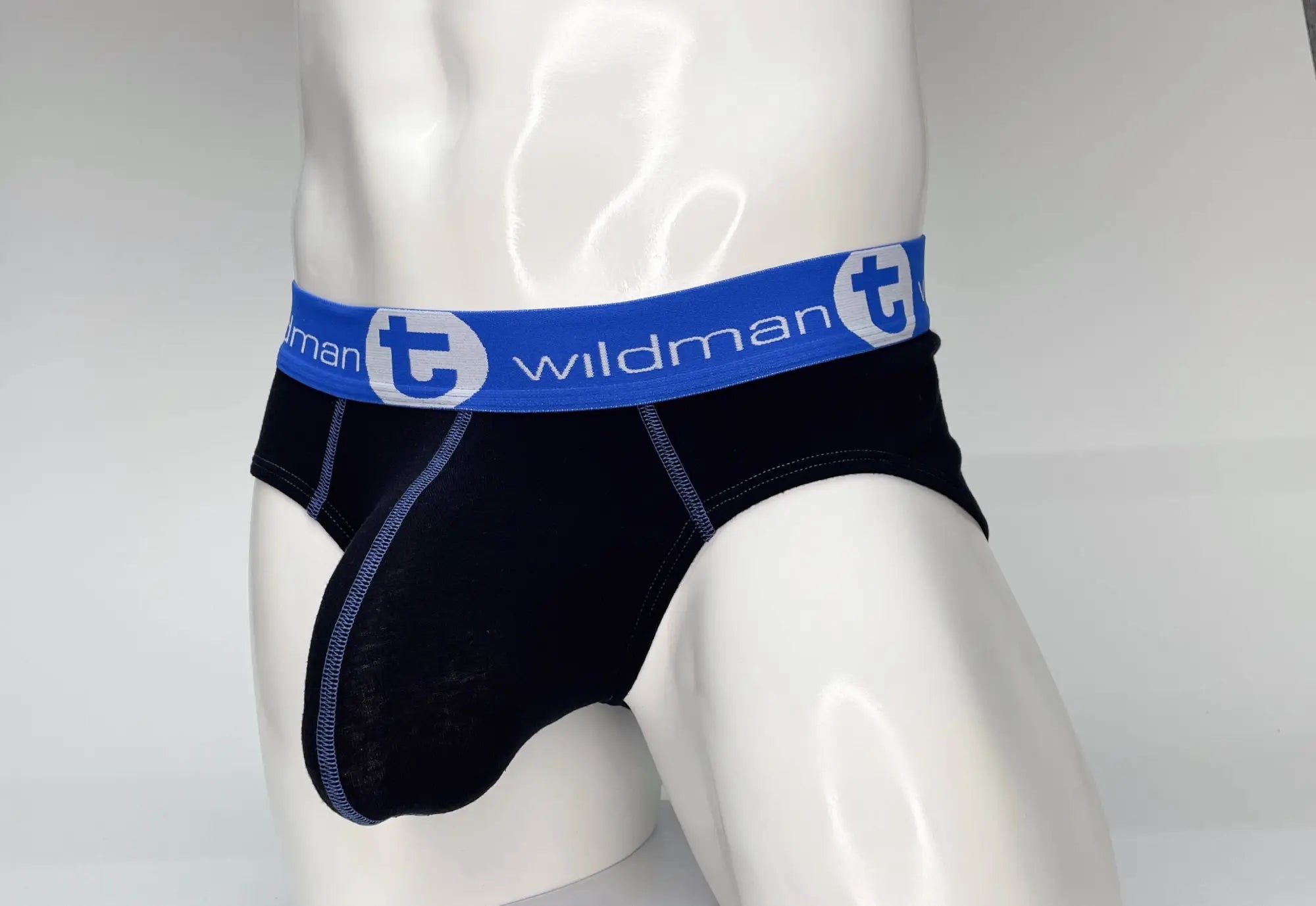 Black wildman big boy pouch cotton briefs with blue elastic waistband and white logo lettering