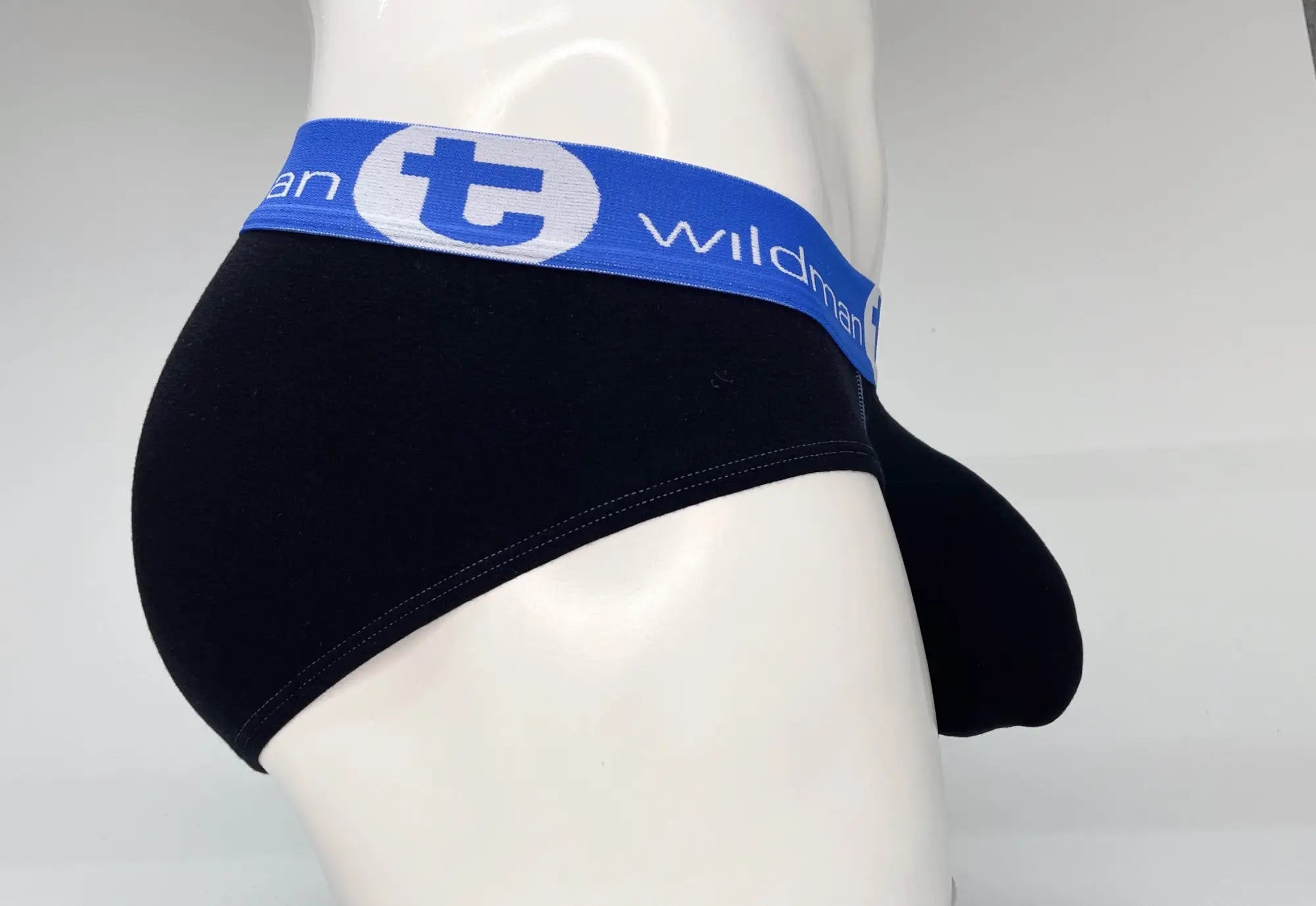 Black wildmant big boy pouch cotton briefs with blue elastic waistband and white logo lettering