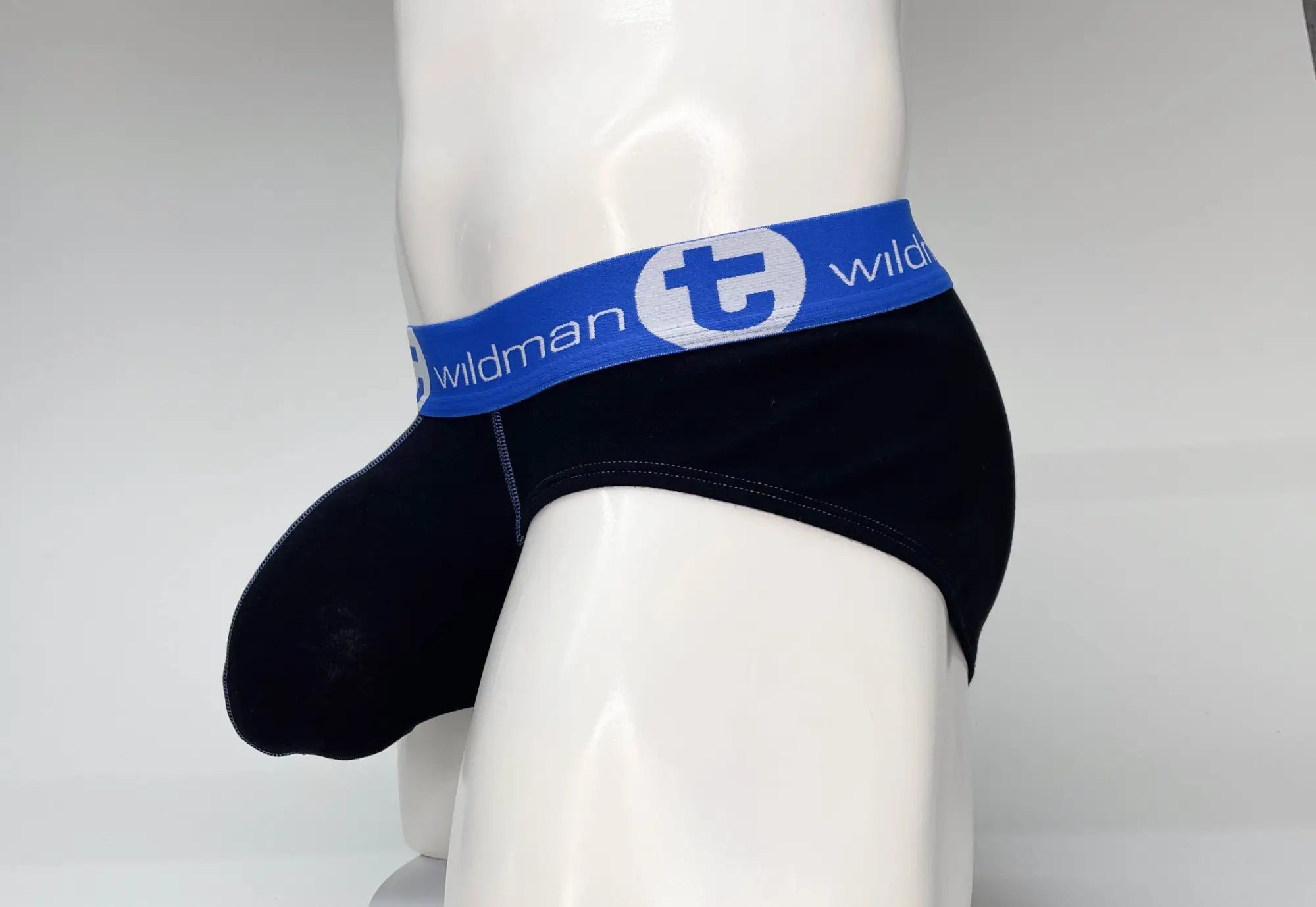 Black wildmant big boy cotton briefs with a blue elastic waistband and white lettering