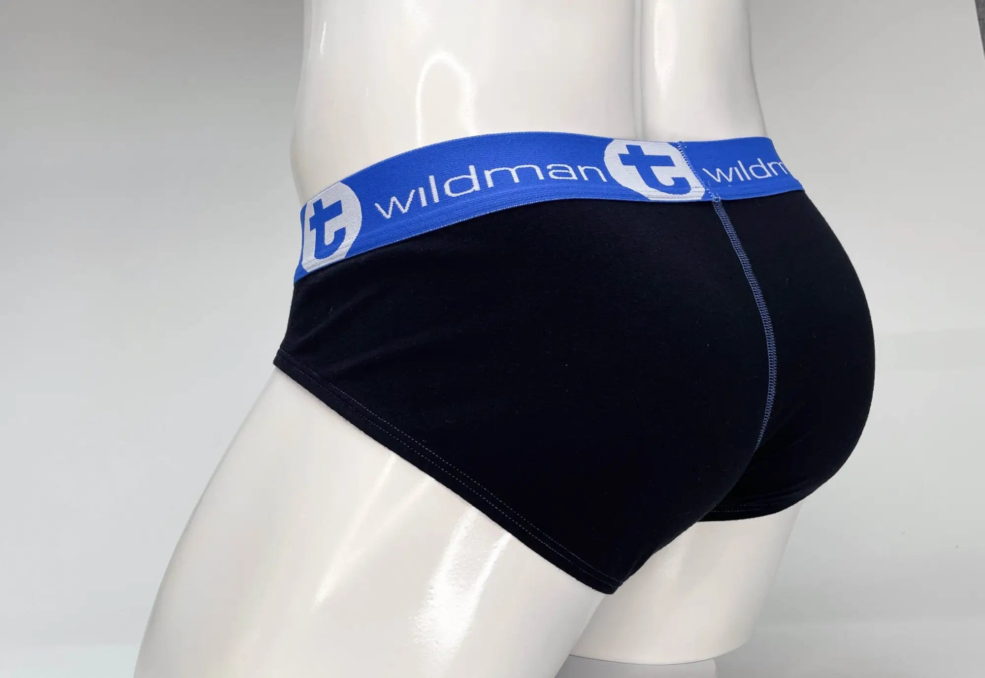 Black cotton briefs with blue waistband and wildman t logo featuring big boy pouch for comfortable support