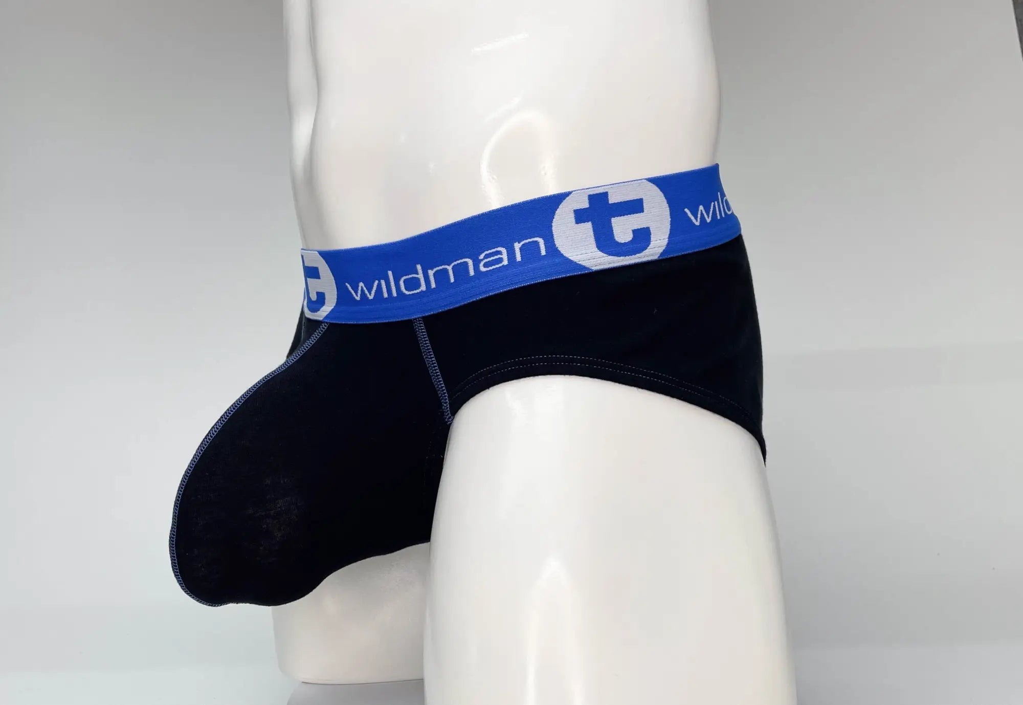 Black wildman big boy pouch cotton briefs with blue elastic waistband featuring t logo and text