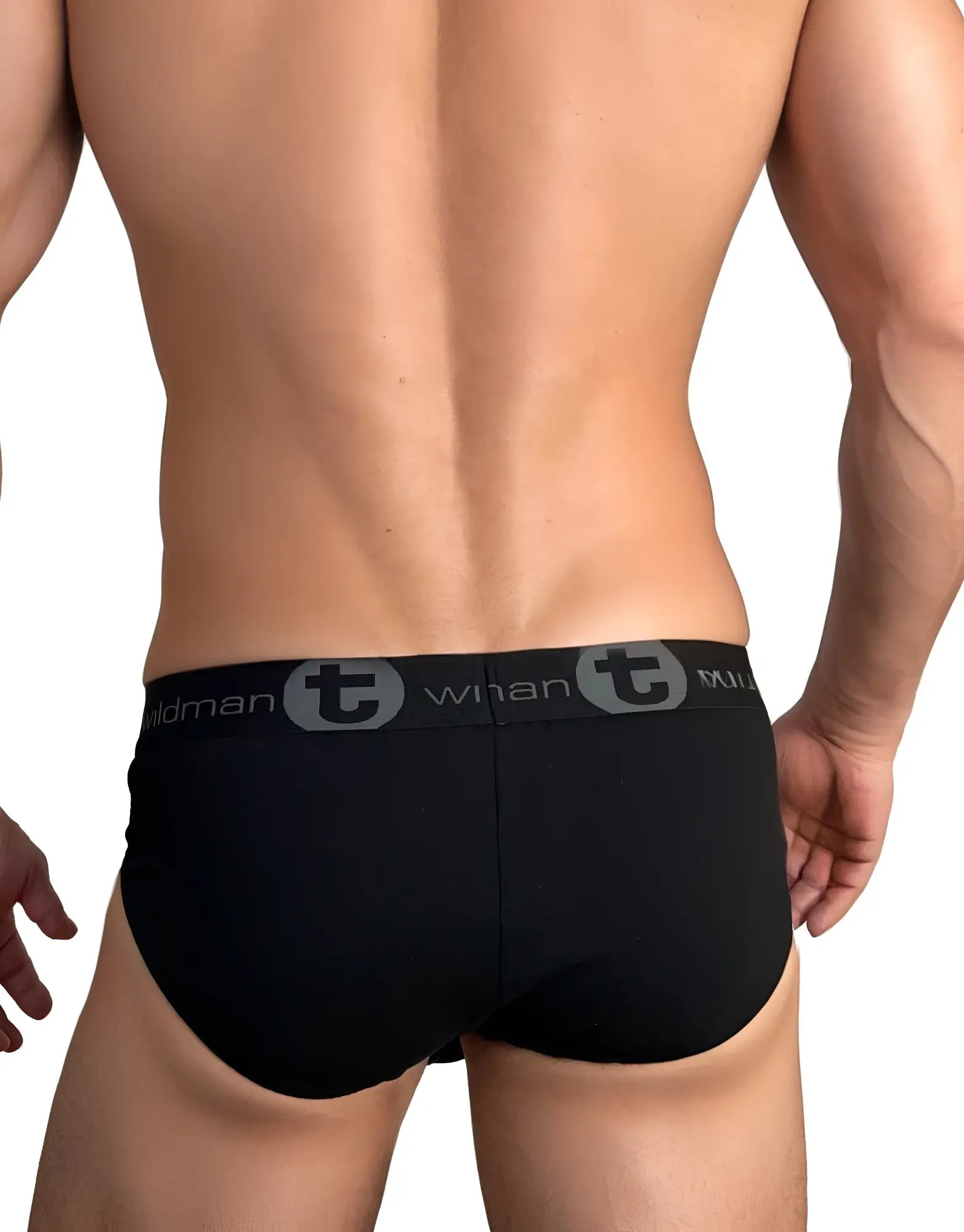 Black wildmant big boy pouch cotton briefs with gray elastic waistband and stylized t emblem