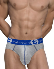 Gray heathered cotton briefs with a blue elastic wildman waistband featuring white lettering pouch design