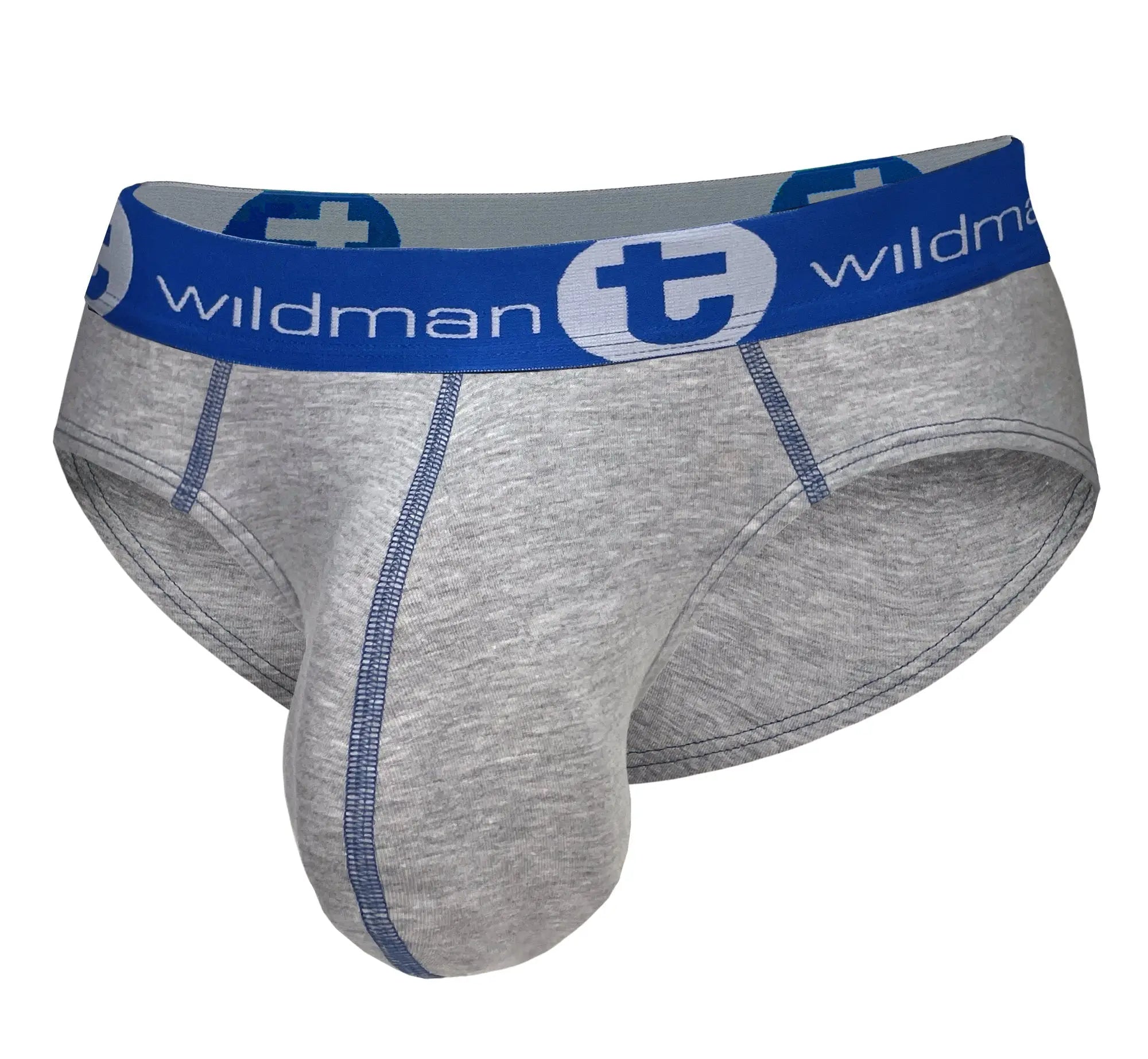 Gray heathered wildman big boy pouch cotton briefs with blue waistband and white stitching along the seams