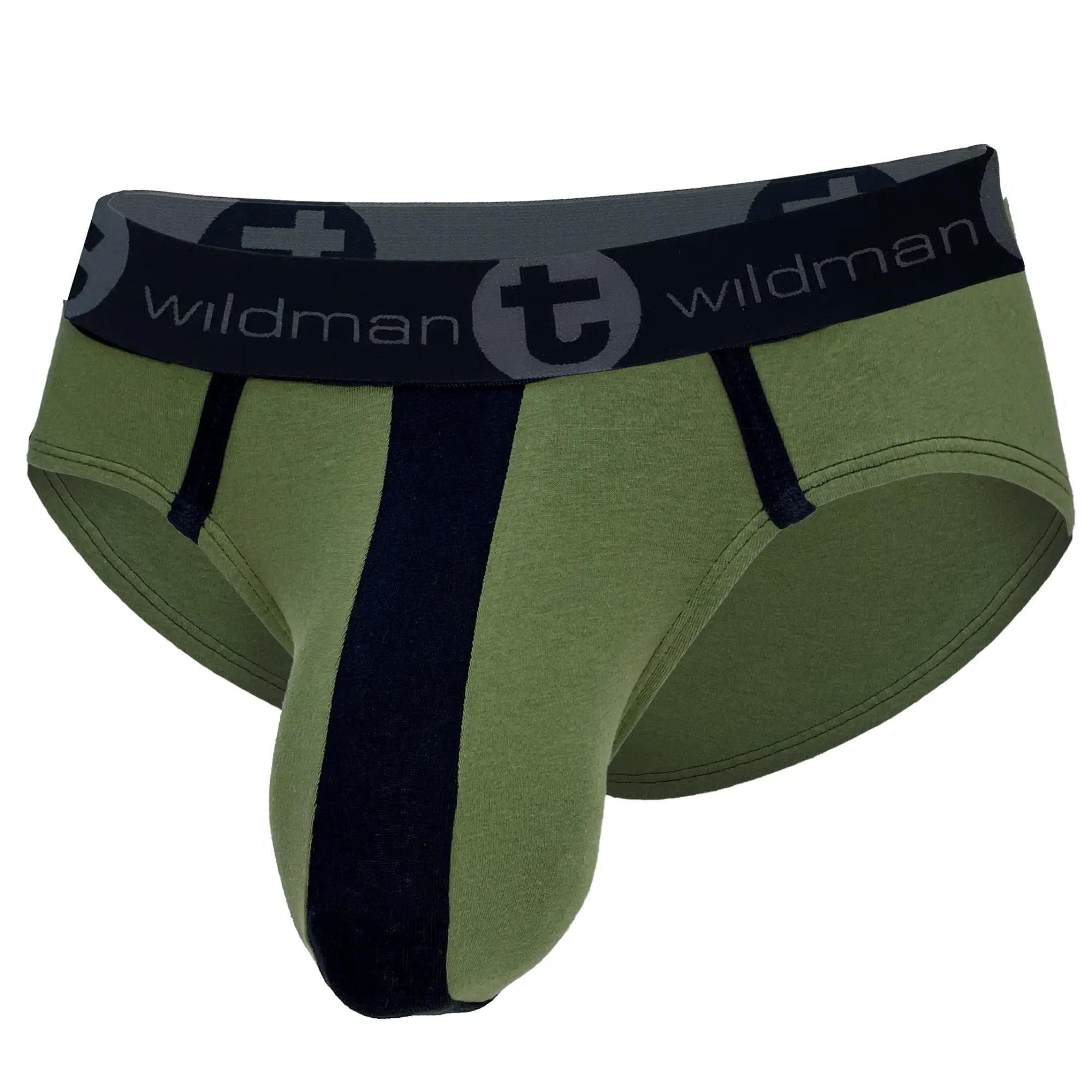 Olive green and black cotton men’s briefs with big boy pouch and branded elastic waistband wildmant stripe army green