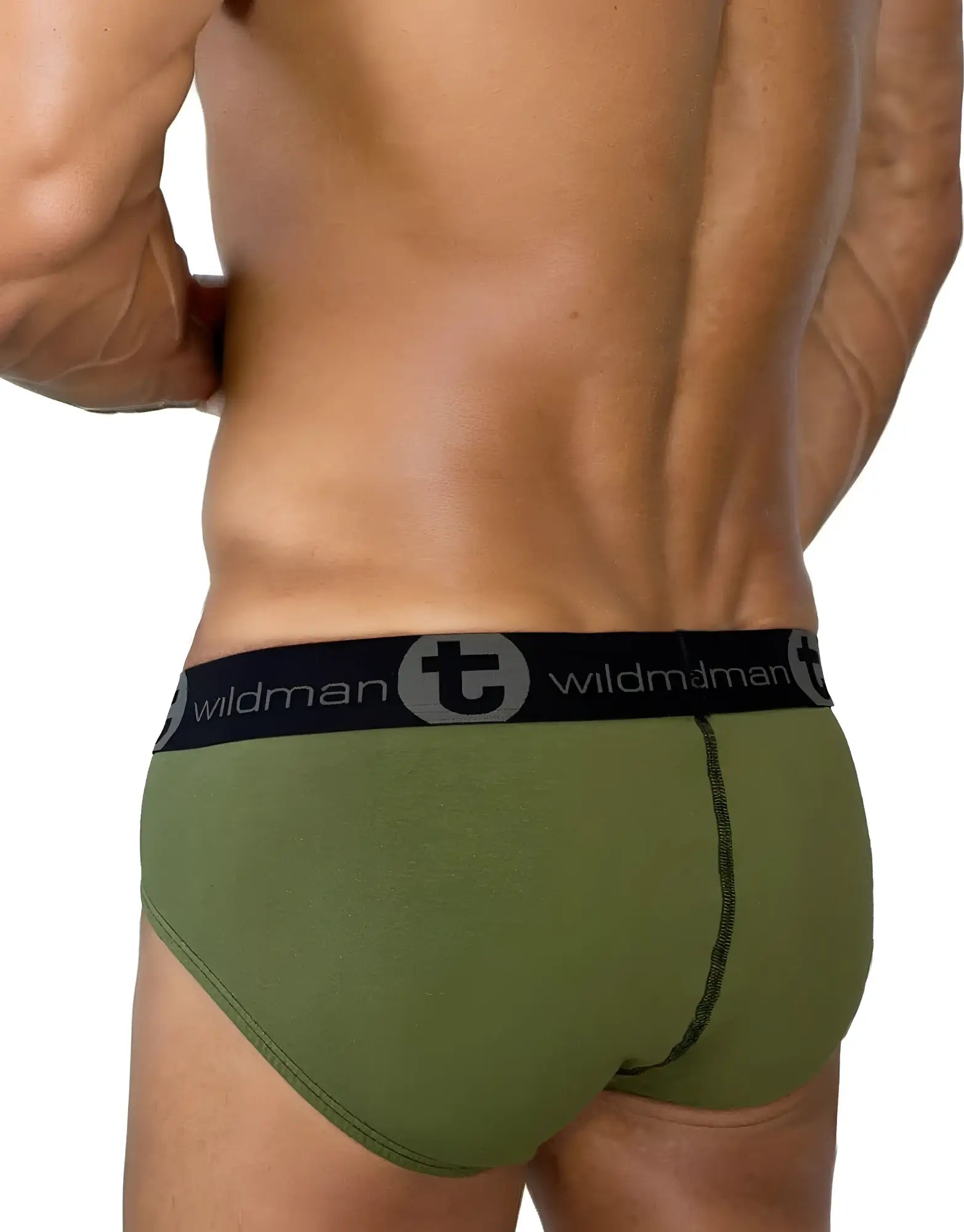Olive green cotton men’s briefs with black elastic waistband featuring wildman brand logo big boy pouch design