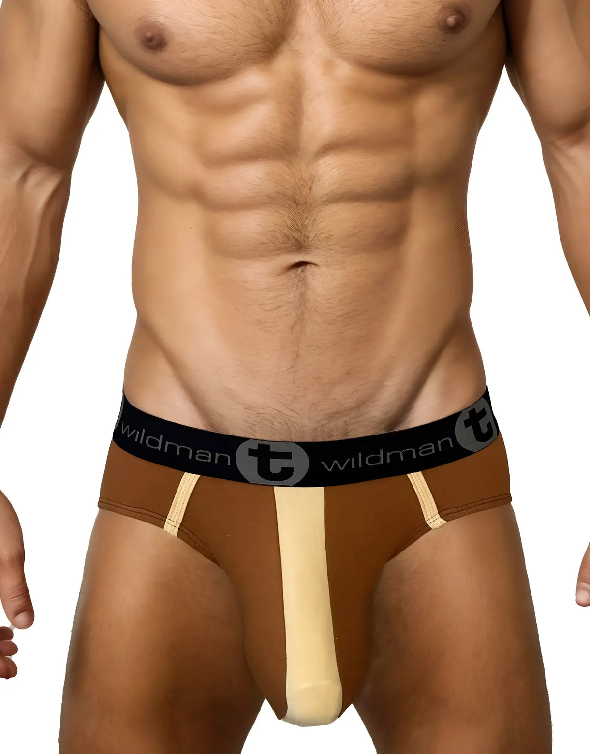 Wildmant big boy pouch cotton brief in brown and tan with black waistband featuring wildman logo