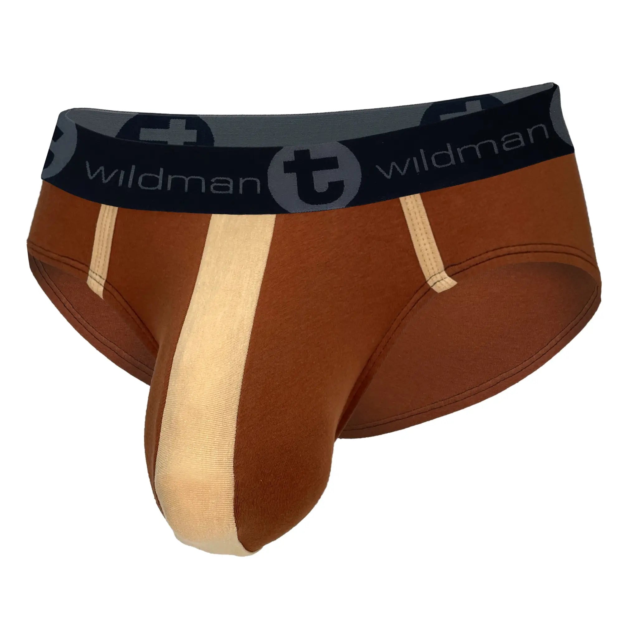 Wildmant big boy pouch cotton brief in brown and tan stripes with black waistband featuring wildman logo