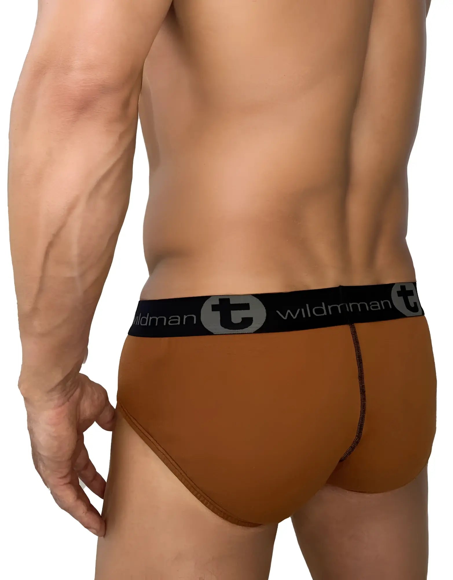 Wildmant big boy pouch cotton brief in brown and tan with black elastic waistband featuring wildmant logo