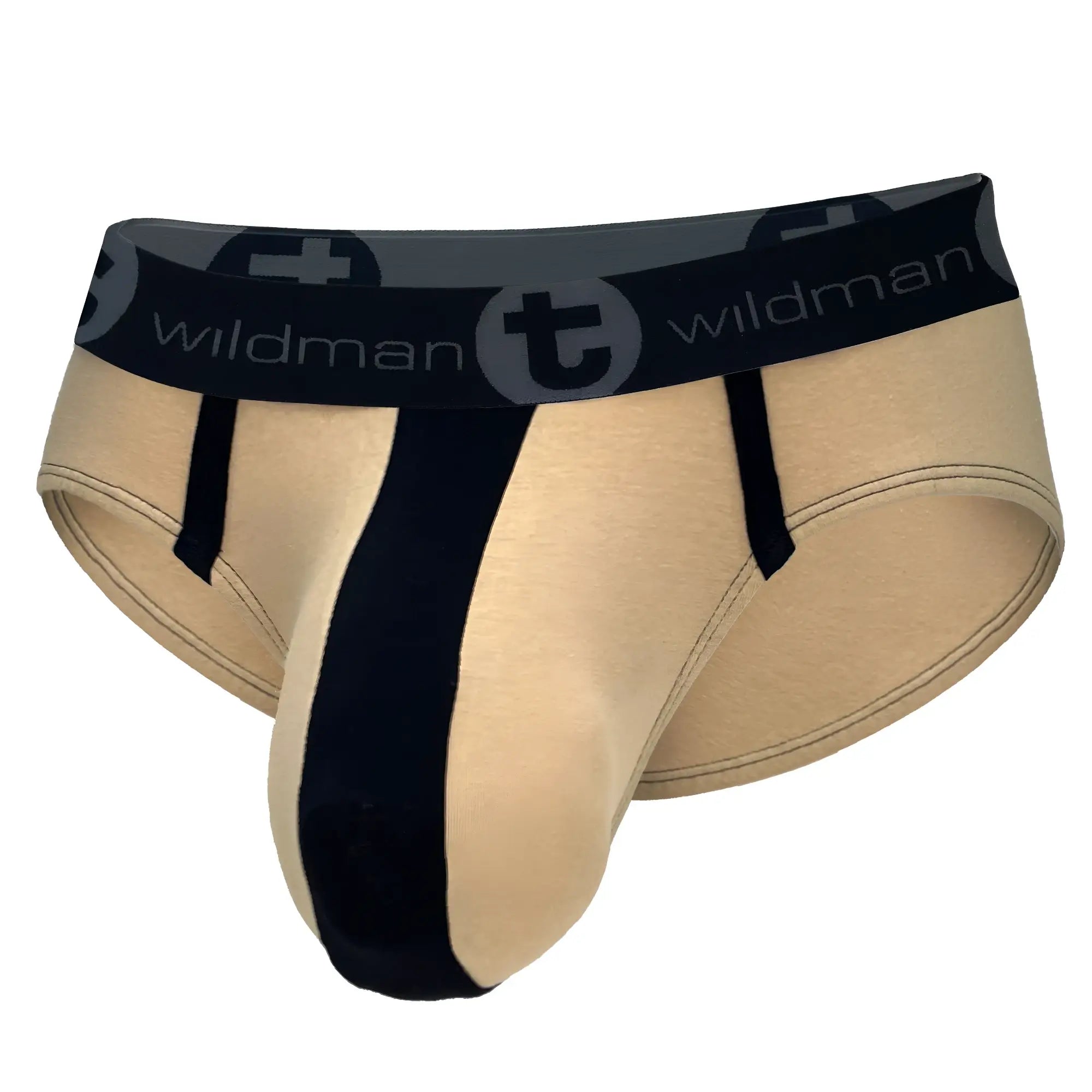 Beige and black wildmant big boy pouch cotton briefs with stripe tan branded elastic waistband