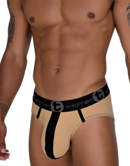 WildmanT big boy pouch cotton brief in beige and black with a central black stripe and branded waistband