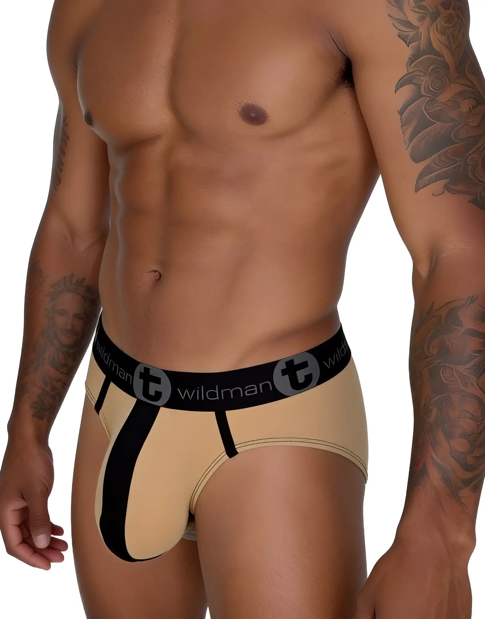 Beige and black wildman branded cotton briefs with a central black panel and stripe tan design front view