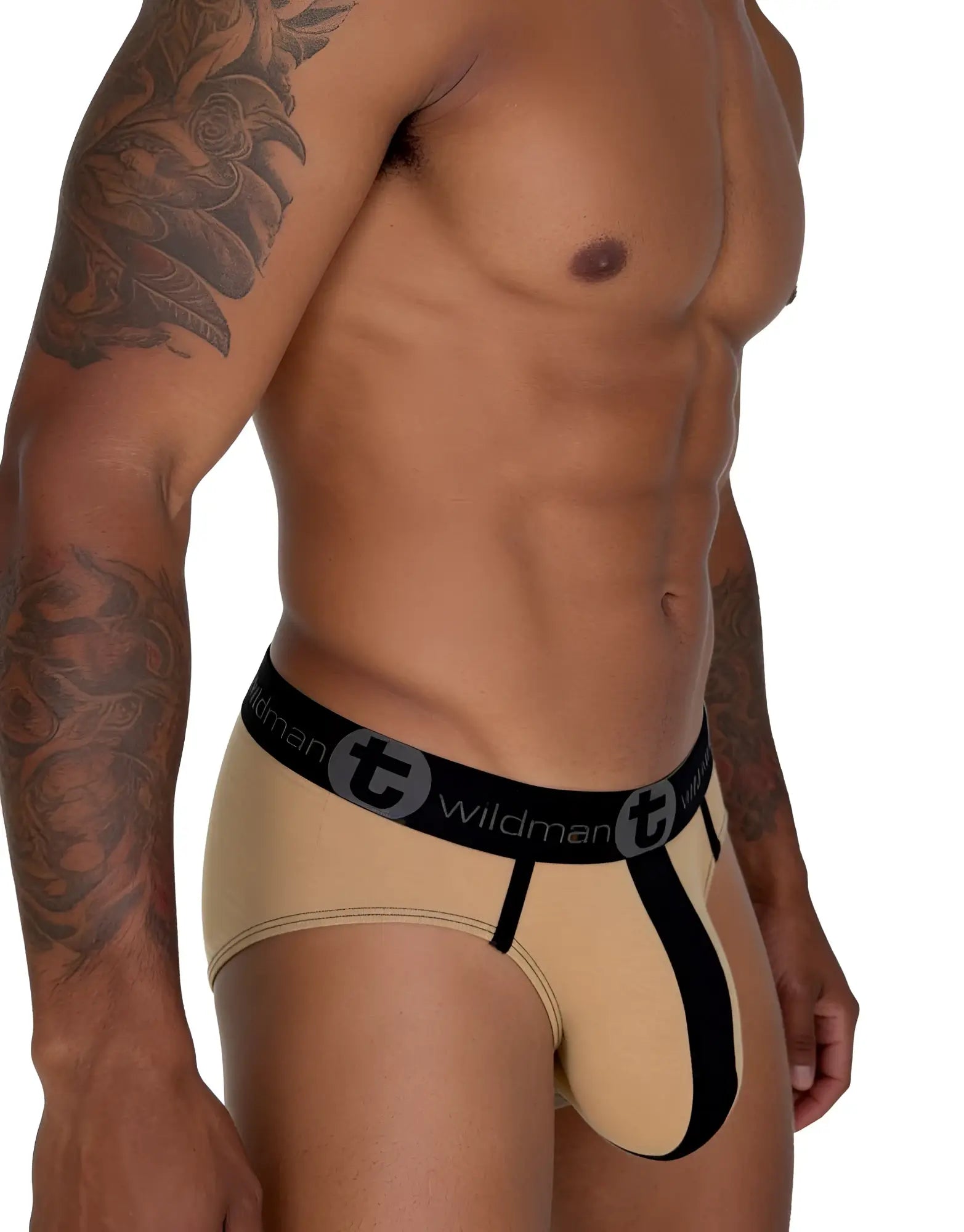 WildmanT big boy pouch cotton brief in beige and black with a bold tan central stripe