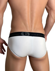 White wildman briefs with black elastic waistband featuring wildmanT logo and big boy pouch cotton fabric