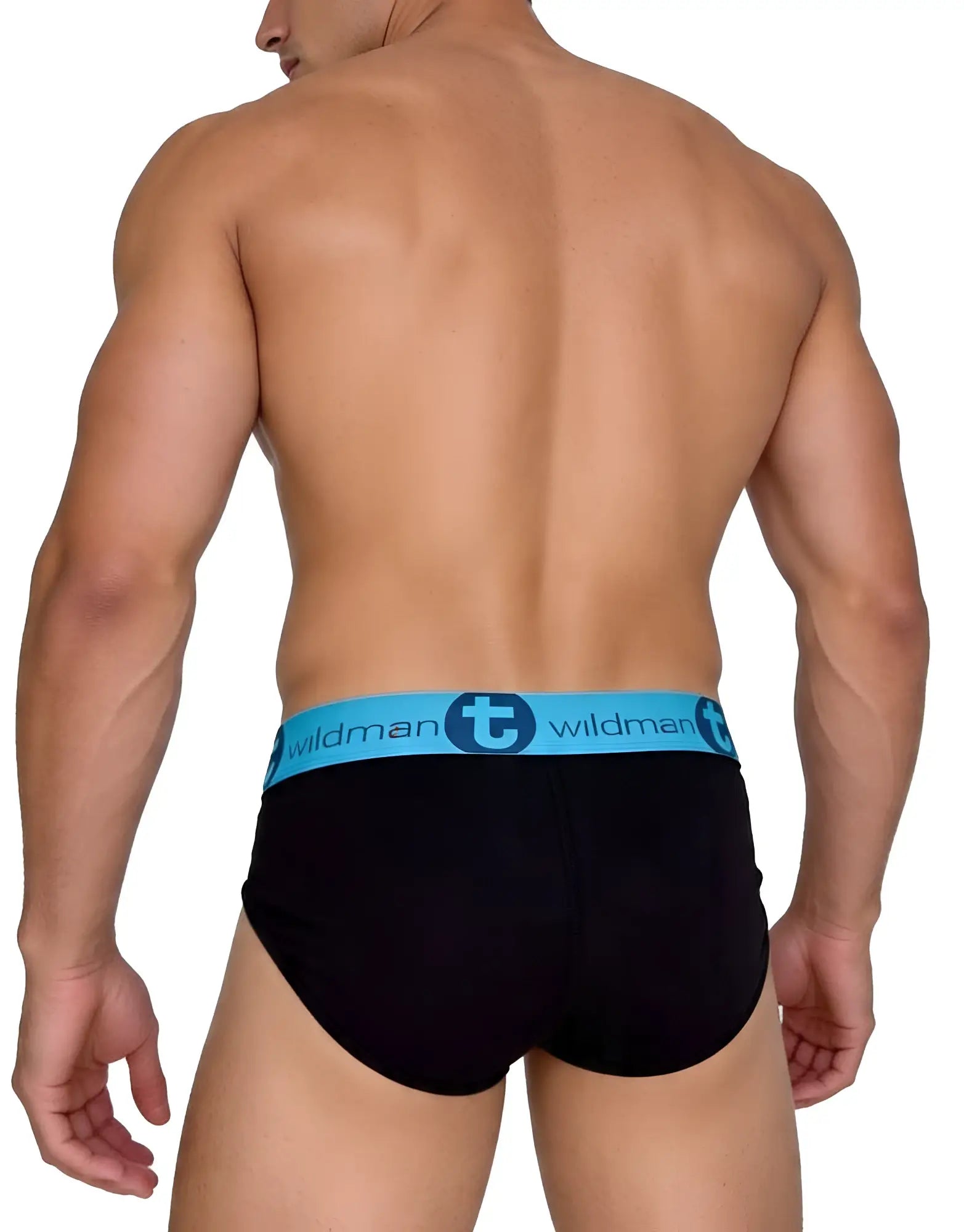 Black cotton wildmant big boy pouch briefs with a light blue elastic waistband and wildman logo and lettering
