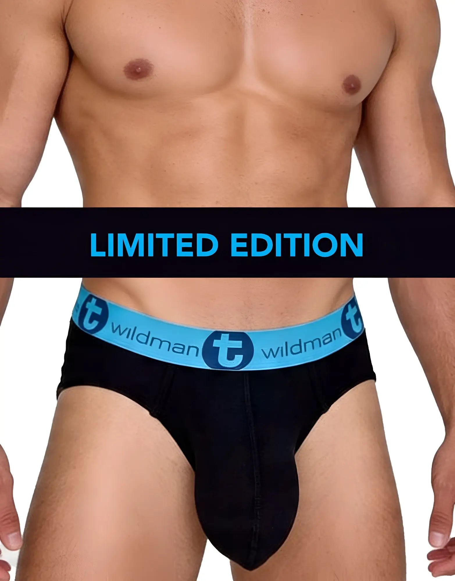 Black wildman big boy pouch cotton briefs with light blue elastic waistband and logo