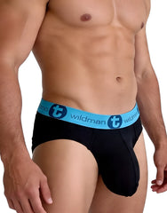 Black cotton men’s briefs with a light blue wildman elastic waistband and big boy pouch for comfort and support
