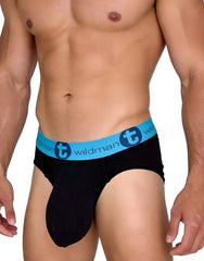Black wildman big boy pouch cotton briefs with light blue waistband featuring t logo and brand name