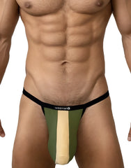 Wildman big boy pouch cotton micro thong in olive green and tan colors showing the front side design
