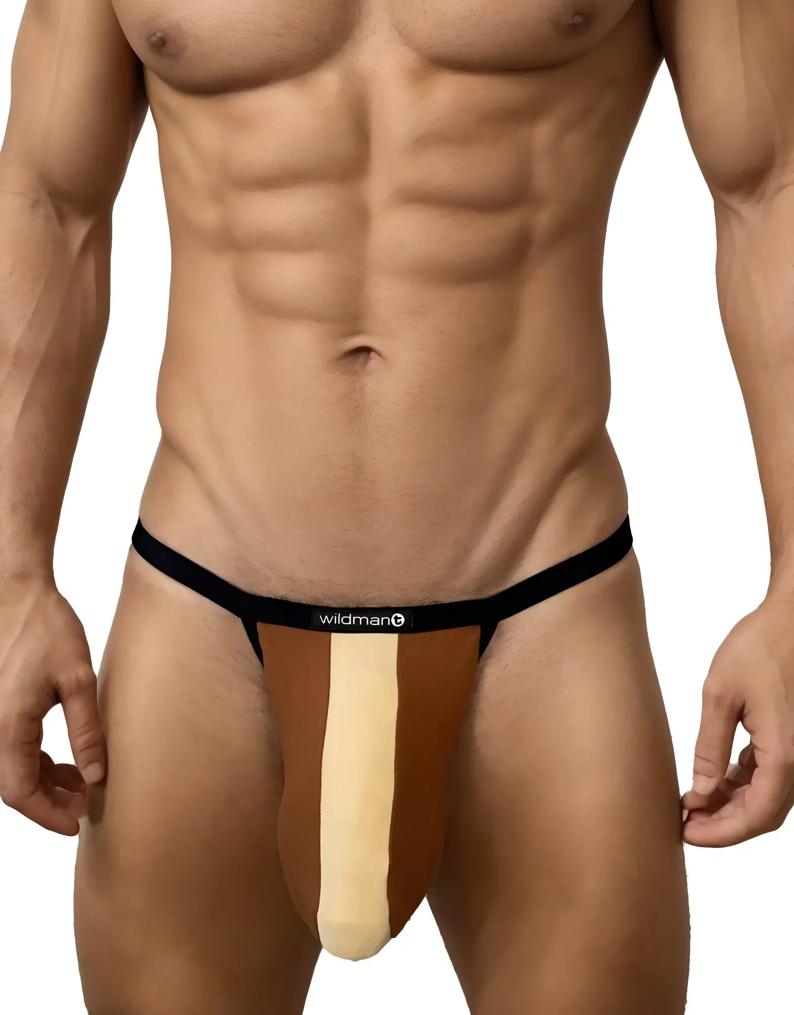 Black and tan cotton micro thong with central beige stripe and wildman logo on waistband from wildmant big boy pouch line