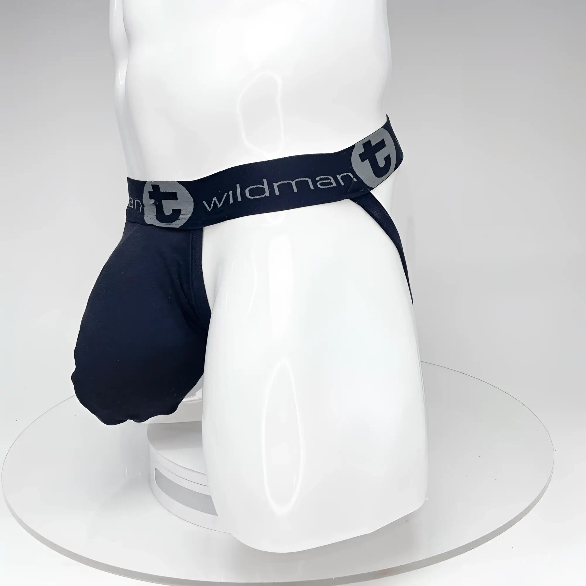 Navy blue Wildman brand jockstrap with elastic waistband and logo detailing from WildmanT Big Boy Pouch collection