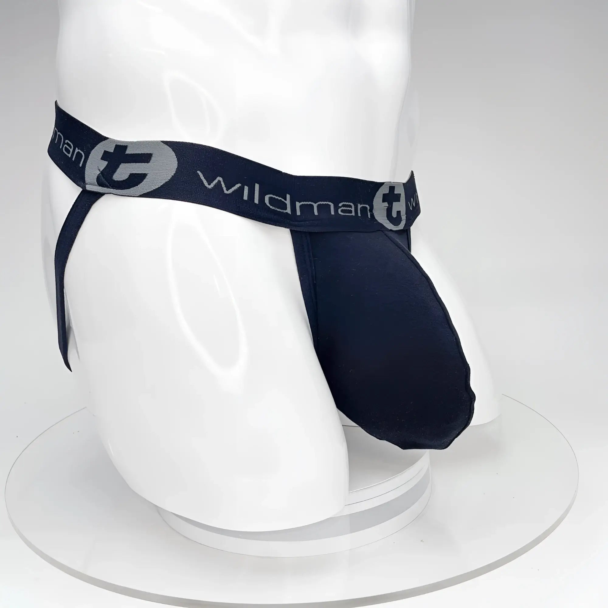 Navy blue Wildman Brand jockstrap with elastic waistband and logo detailing from WildmanT Big Boy Pouch Jockstrap Black