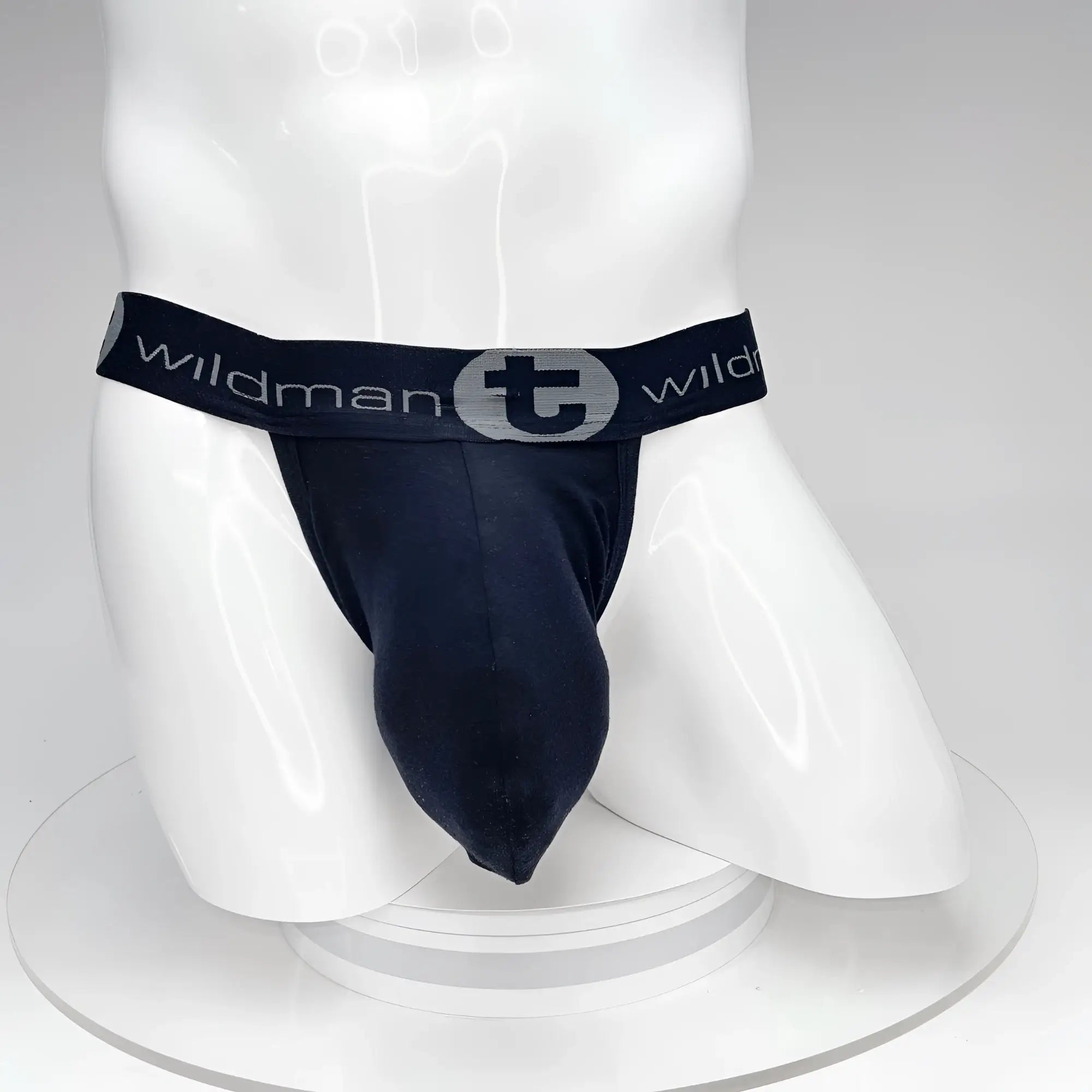 Black wildman big boy pouch jockstrap with gray logo and elastic waistband designed for support and comfort