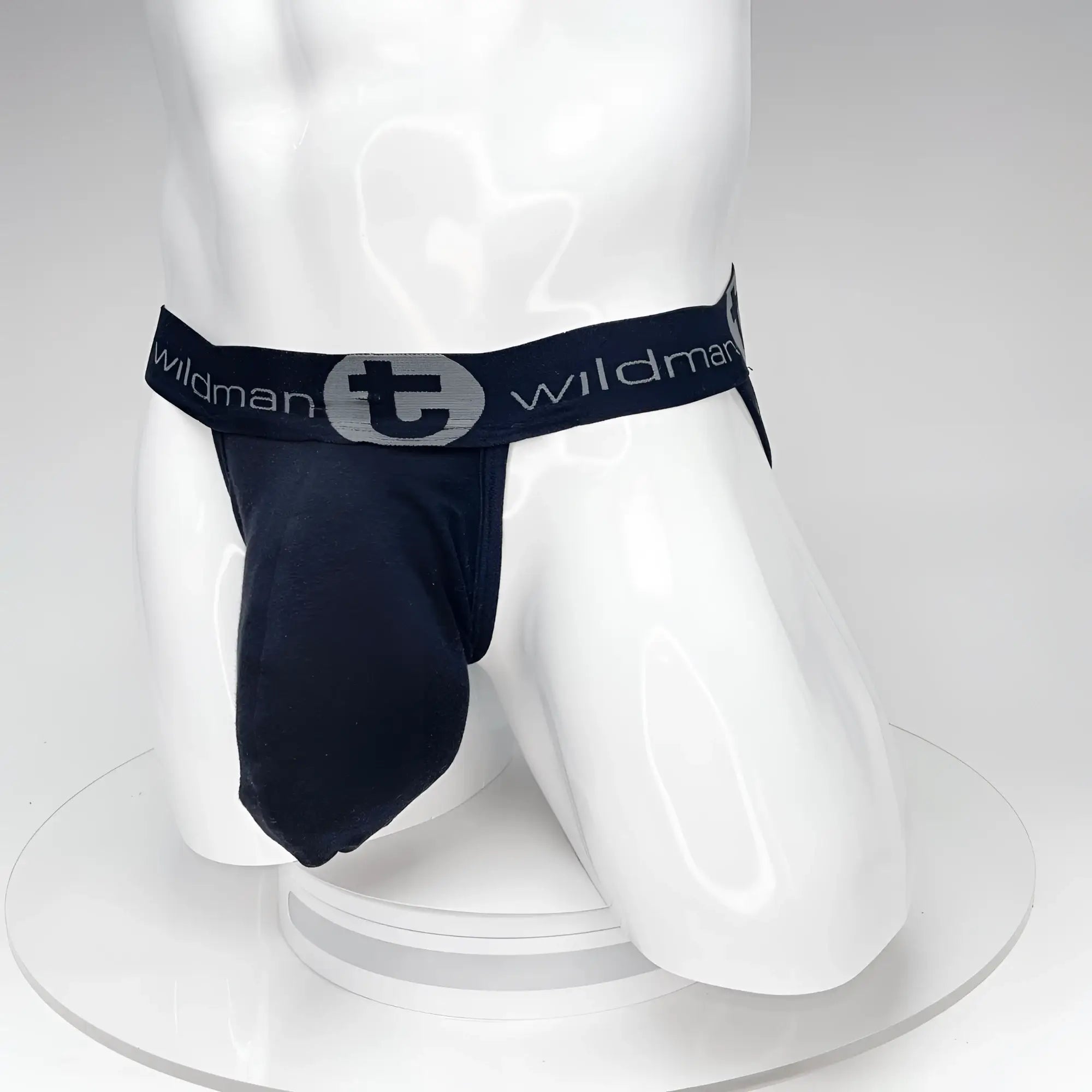 Black wildman brand wildmant big boy pouch jockstrap in black with gray logo and elastic waistband