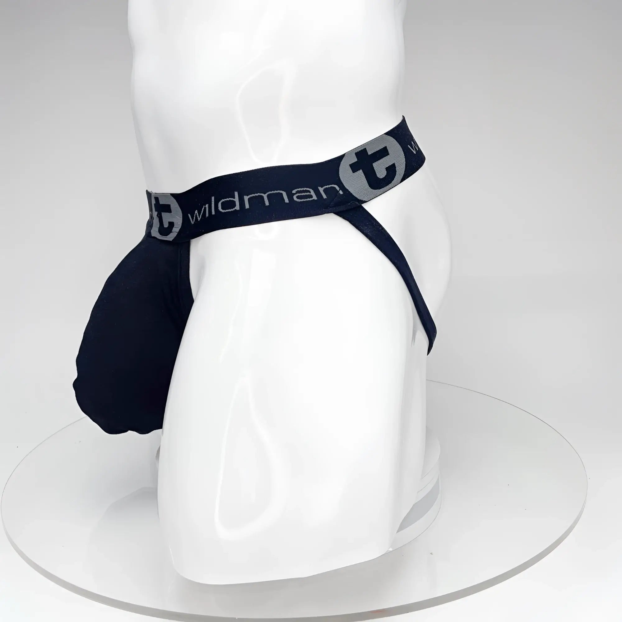 Black wildman big boy pouch jockstrap featuring a gray logo and elastic waistband in black color