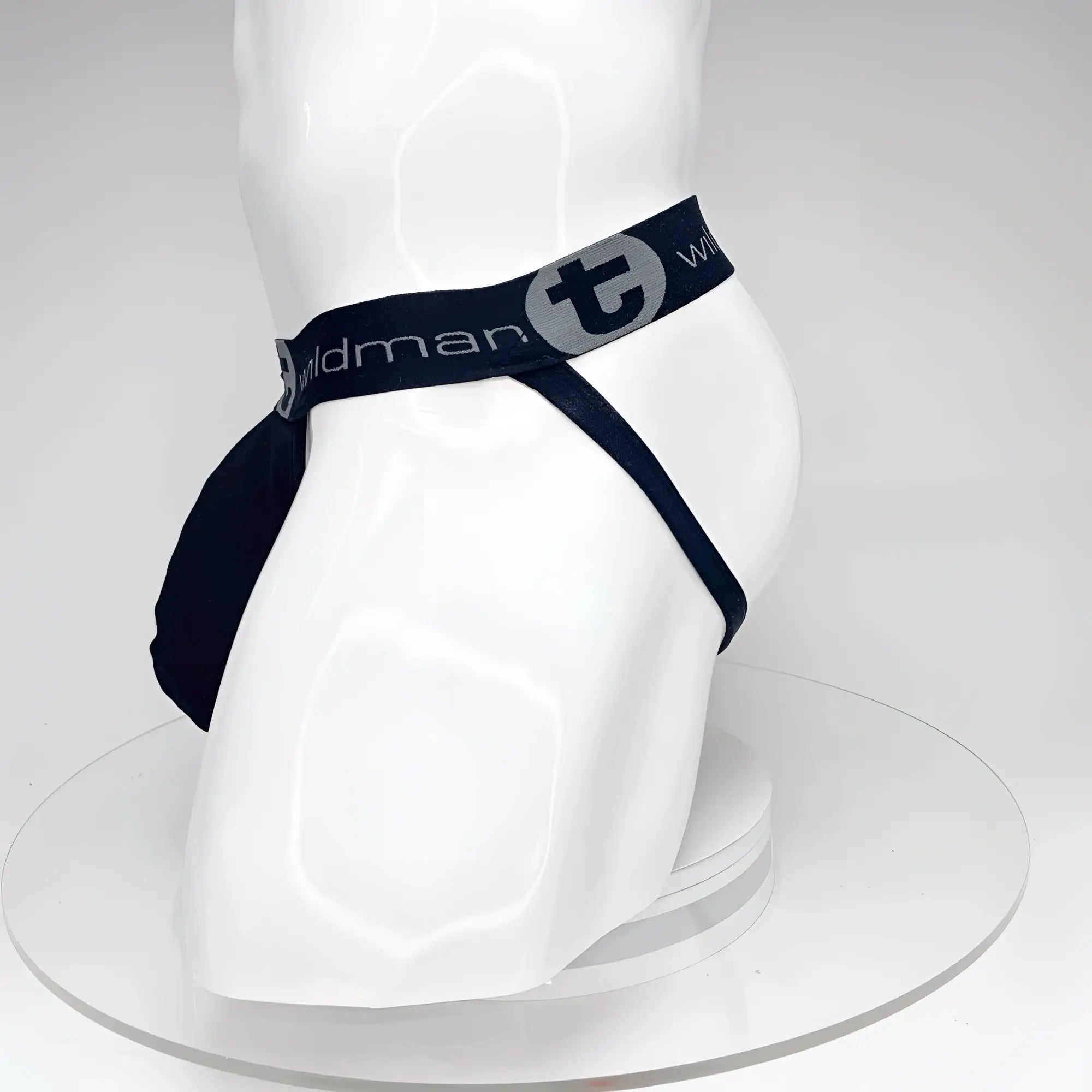 Wildmant big boy pouch jockstrap in black with gray logo waistband designed for support and comfort