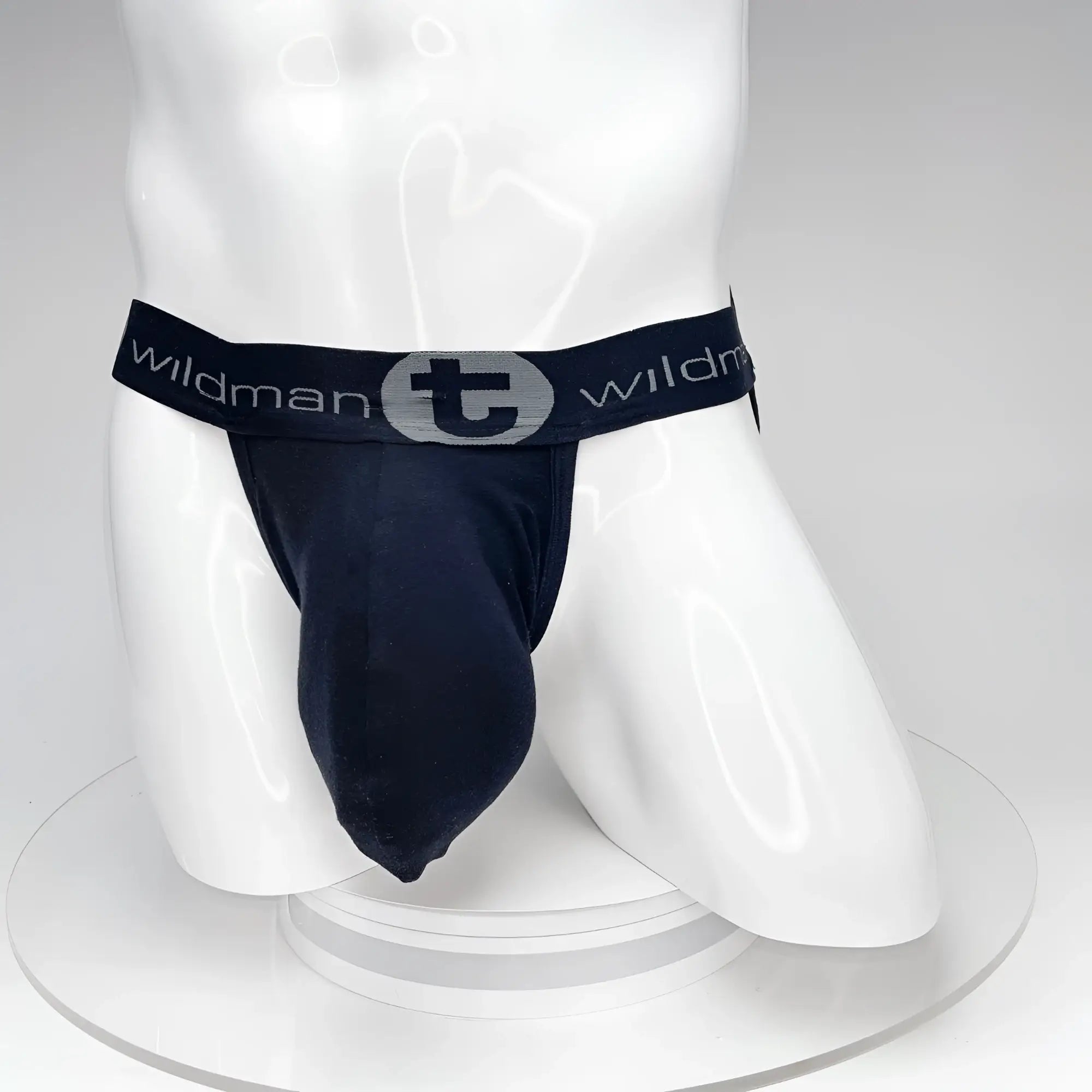 Wildman black jockstrap with textured elastic waistband featuring wildman logo and stylized t emblem