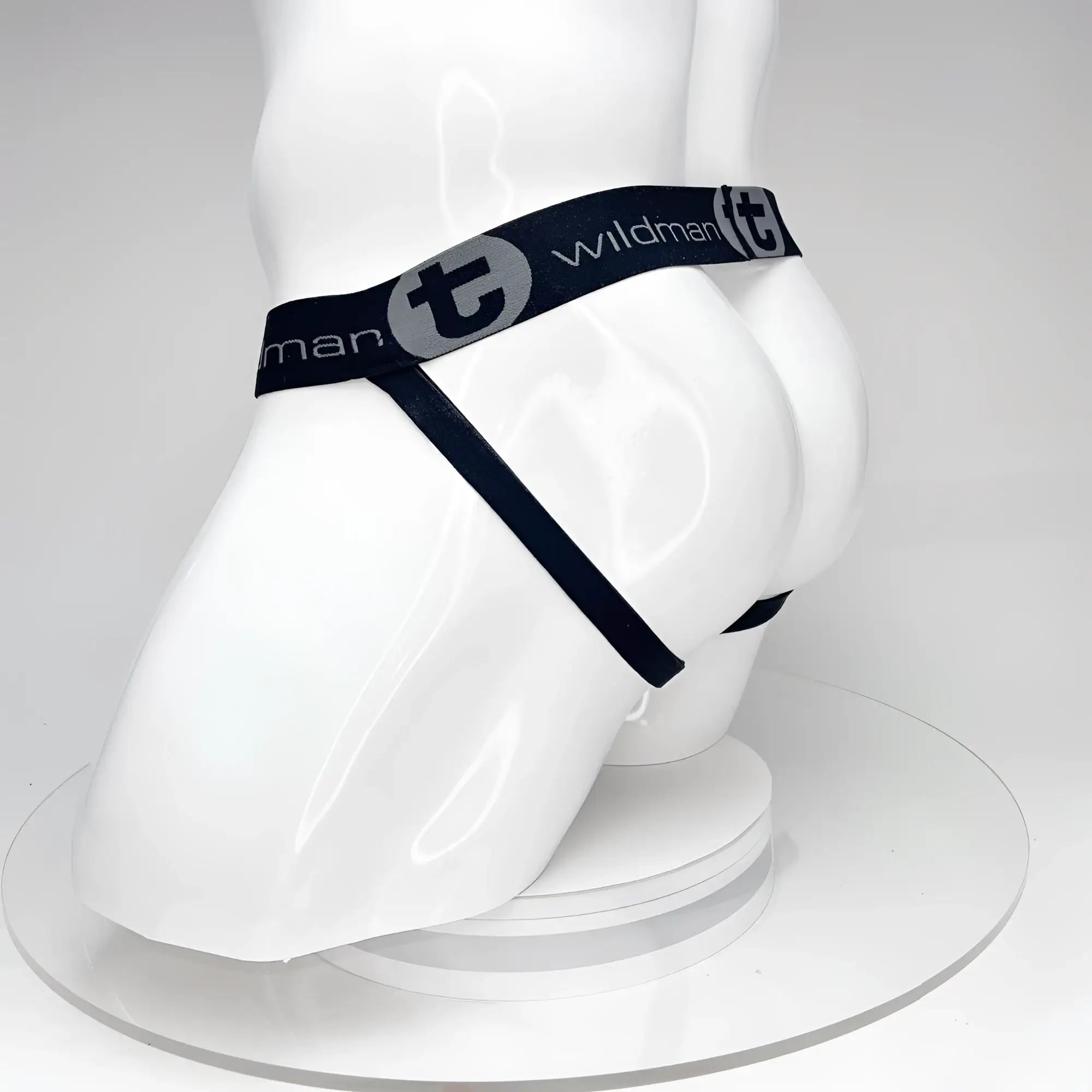 Black wildman big boy pouch jockstrap in thong style with gray logo and elastic waistband