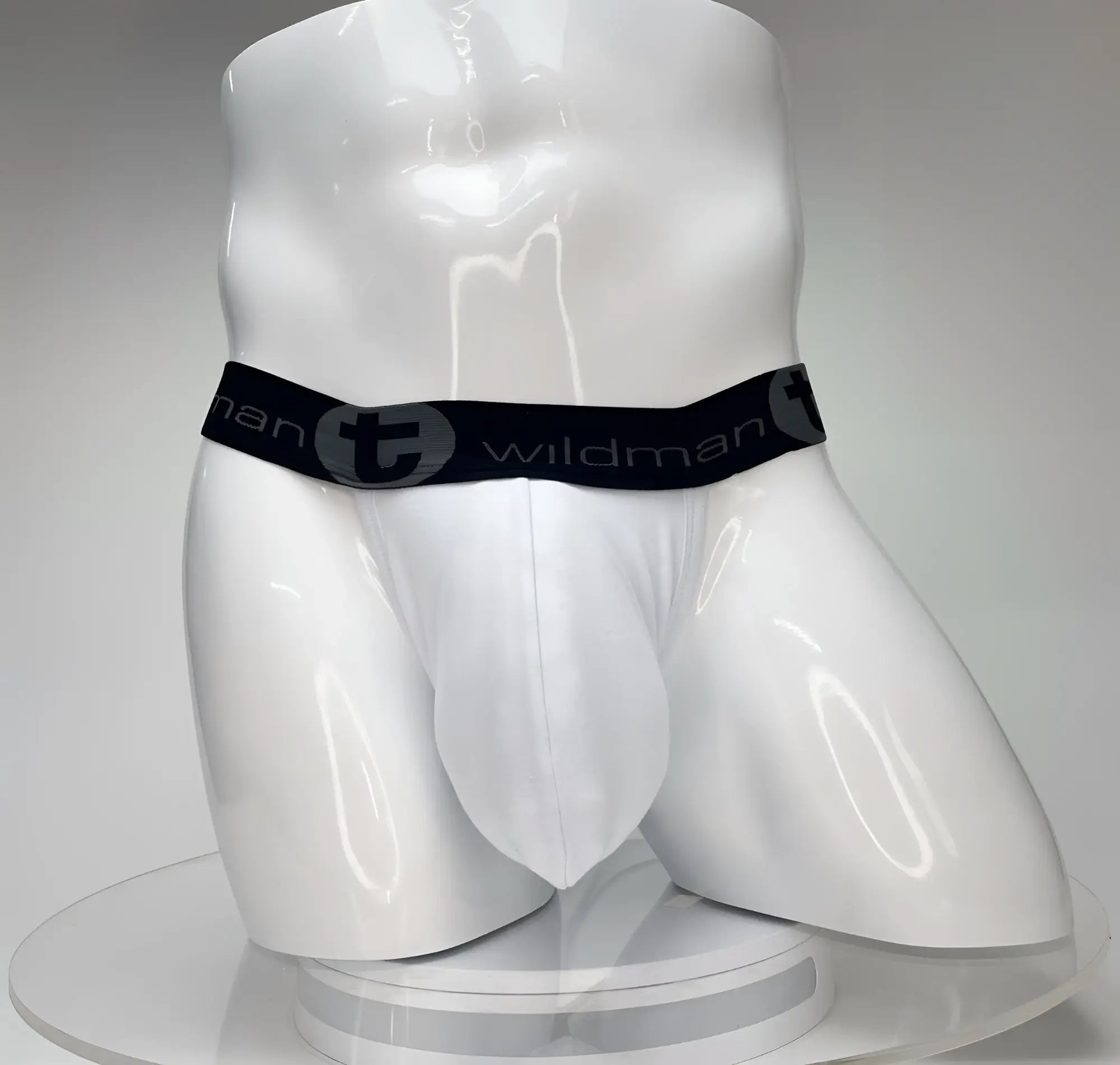White wildman big boy pouch jockstrap briefs with black elastic waistband and wildman logo