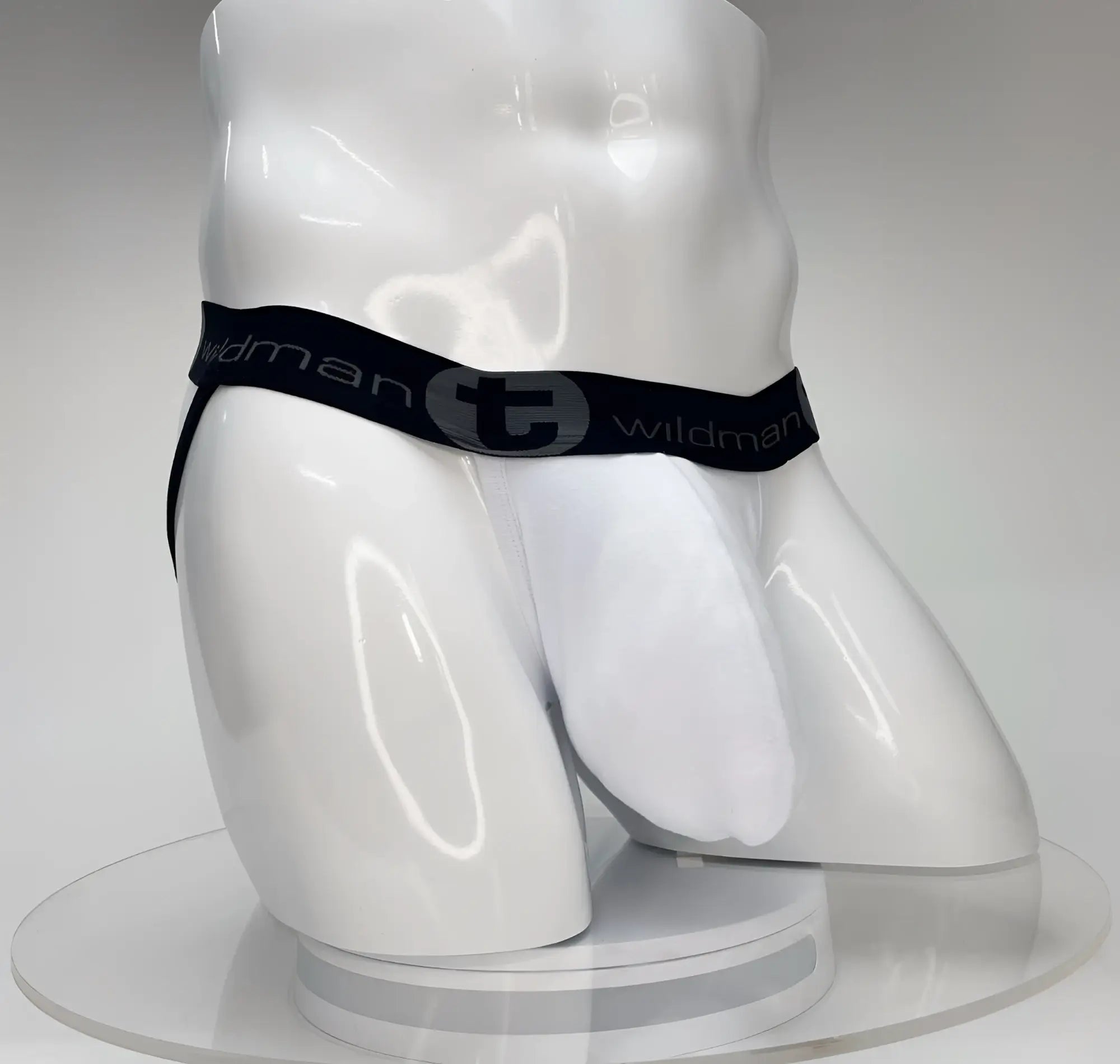 WildmanT big boy pouch jockstrap in white briefs with black elastic waistband and wildman logo and stylized t emblem