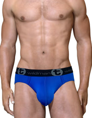 Blue wildman big boy pouch mesh briefs with black elastic waistband and circular t emblem in royal blue