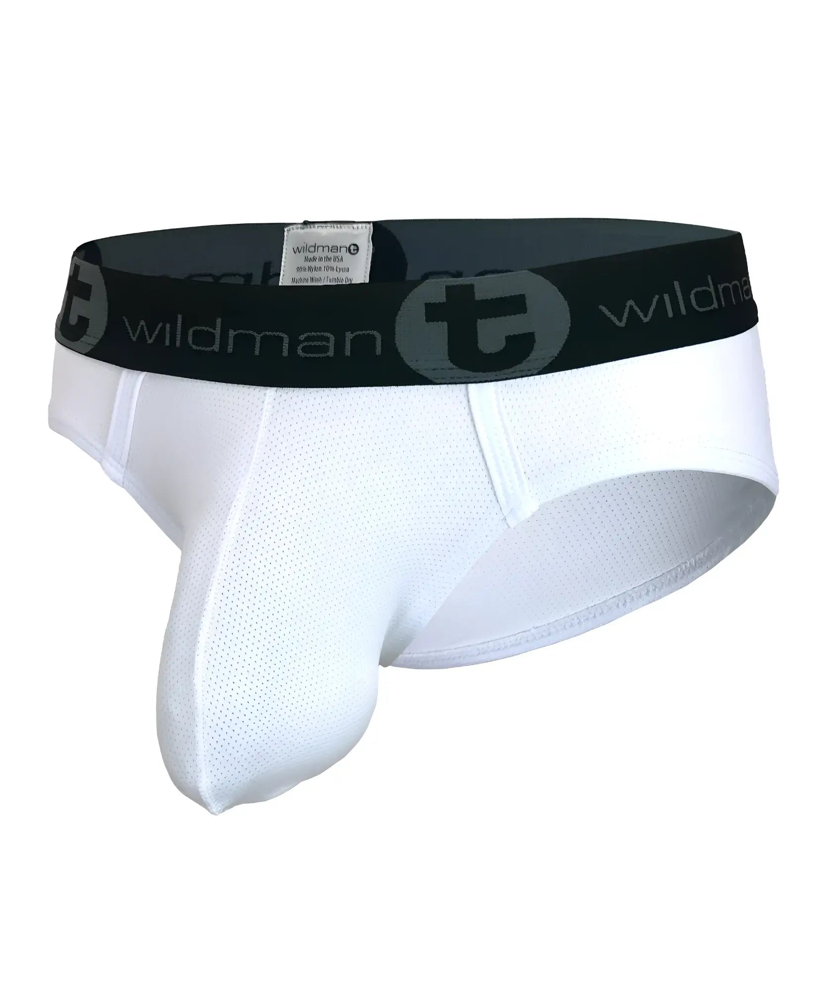 White mesh briefs with black elastic waistband featuring wildman logo in wildmant big boy pouch mesh brief white