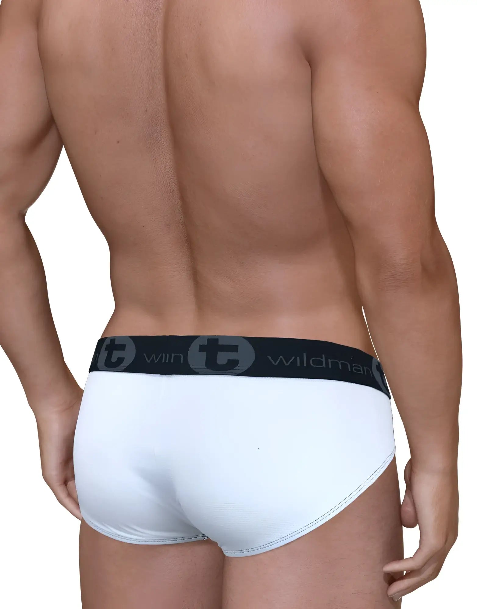 White men’s briefs with black elastic waistband wildman logo gray big boy pouch mesh brief white front view