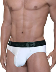 White wildmant big boy pouch mesh briefs with black elastic waistband featuring brand logo and circular emblem