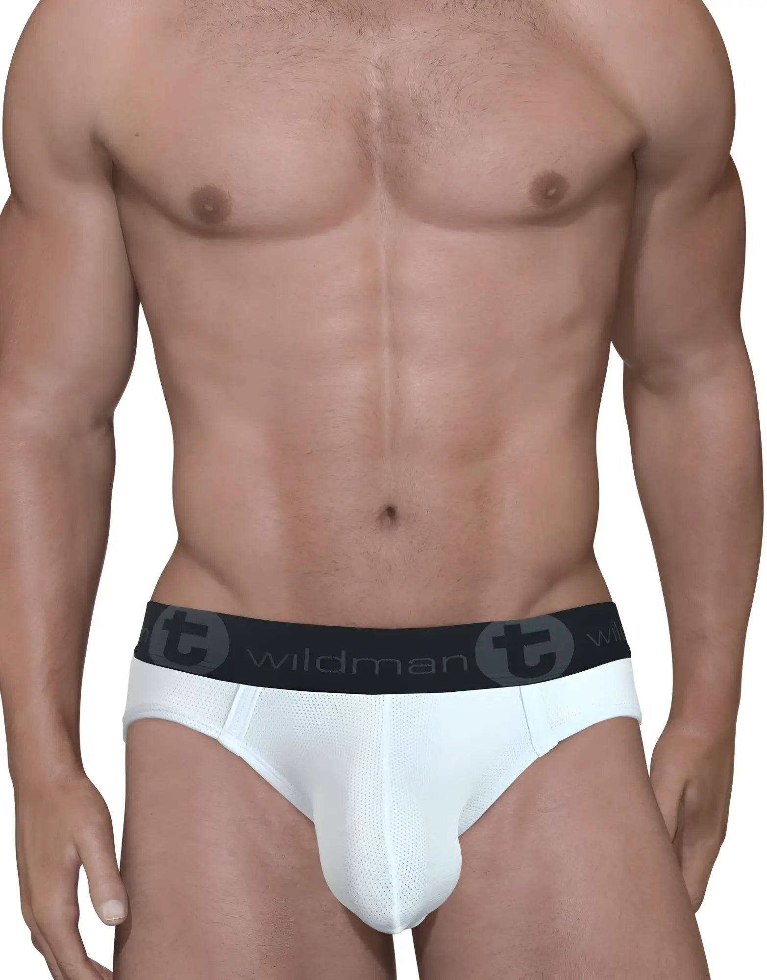 Wildmant big boy pouch mesh brief white with black elastic waistband featuring wildman logo and circular t emblem