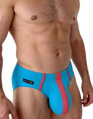 Bright blue and pink wildmanT big boy pouch modal briefs with bold vertical stripes and branded waistband