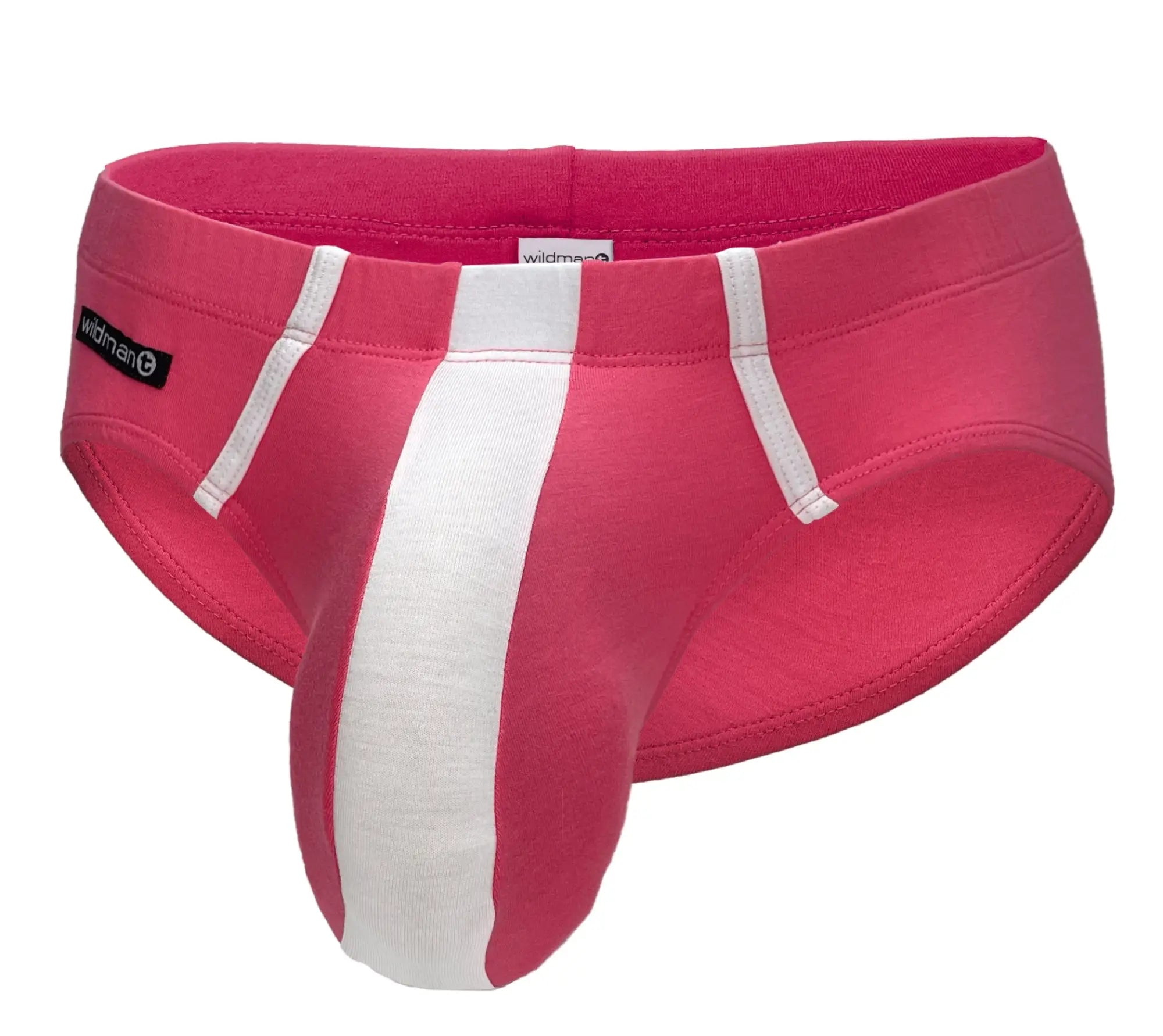 Wildmant big boy pouch modal briefs in pink and white striped design with bold central stripe and wildman waistband label