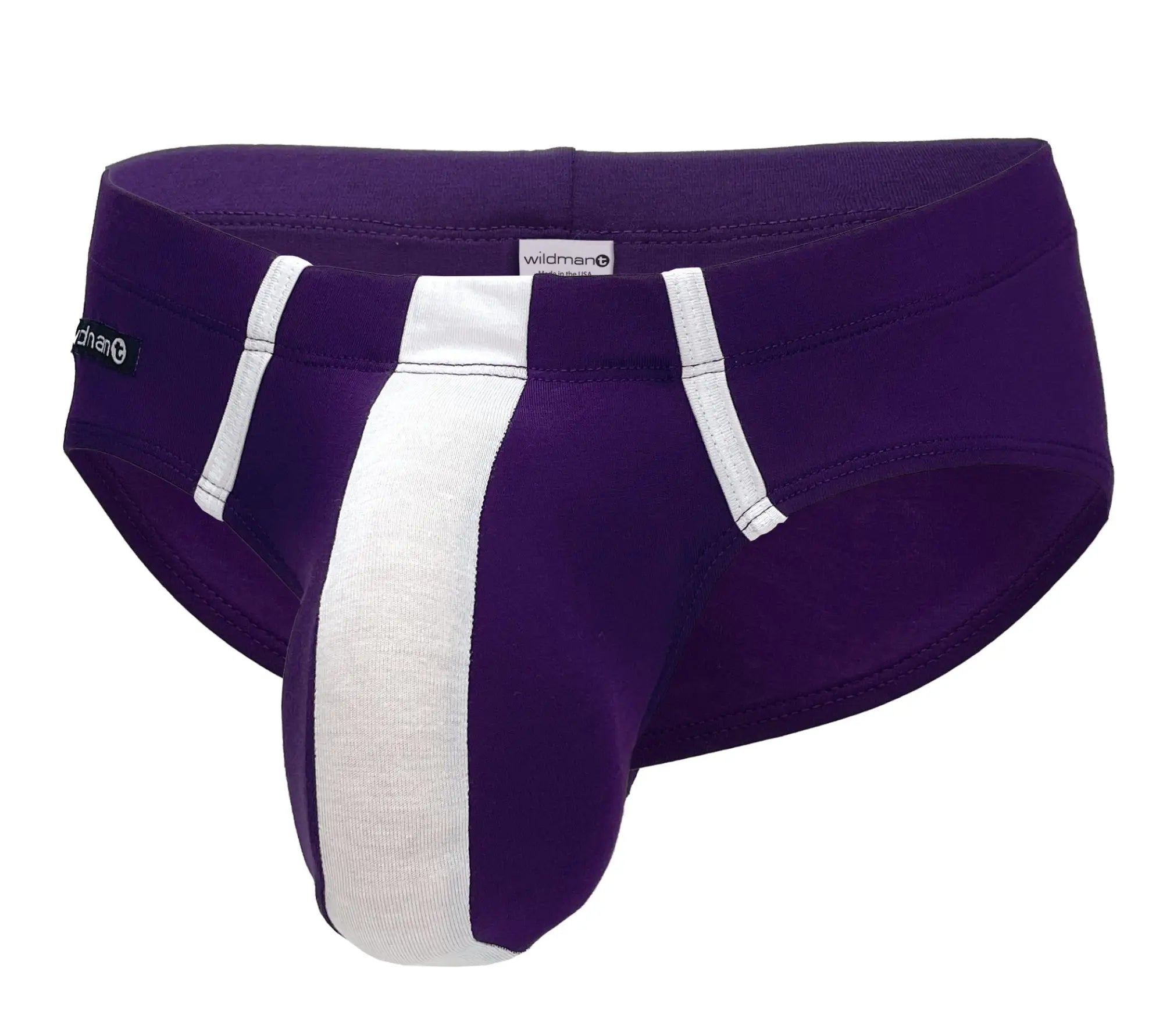 Wildmant big boy pouch modal briefs in purple and white stripes featuring the wildman brand label