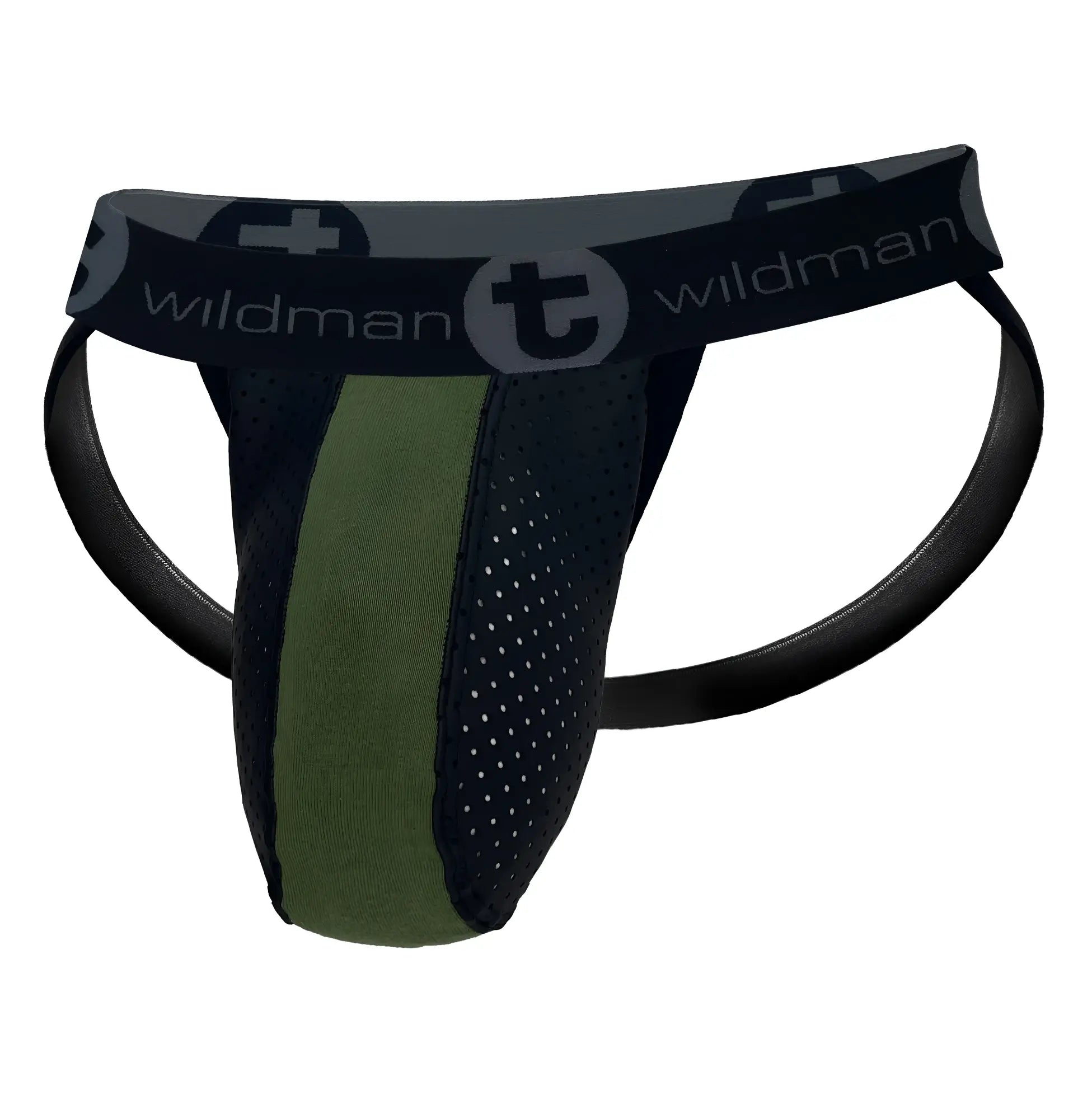 Black and olive green wildman athletic briefs with perforated side panel and logo waistband in rubber and cotton blend