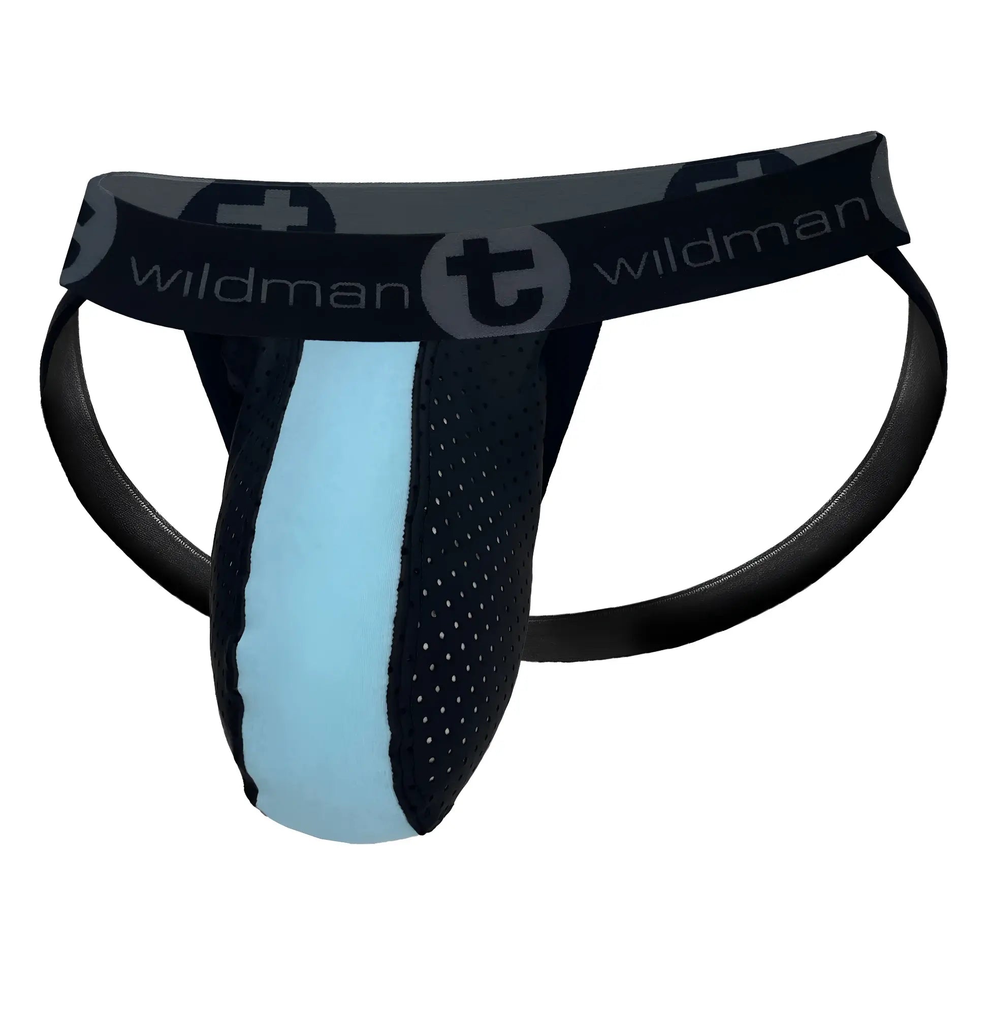 Wildmant big boy pouch jockstrap in black and baby blue mesh with branded waistband in rubber and cotton blend