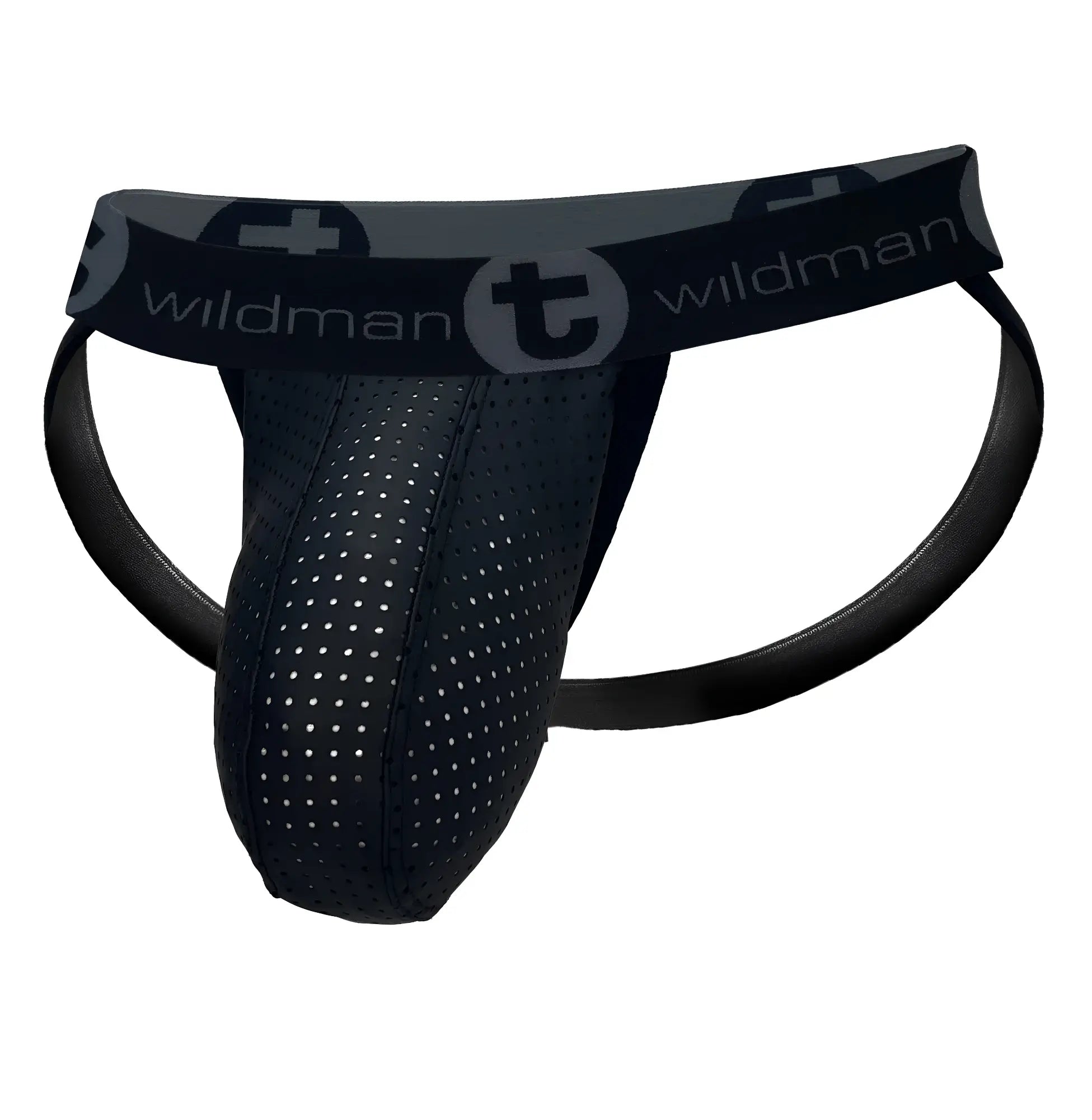Black perforated rubber cotton athletic briefs with wildman waistband and stylized t emblem wildmant big boy pouch