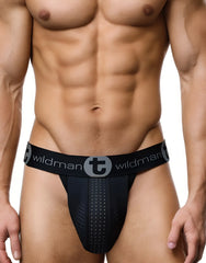 Black wildman athletic briefs with perforated front panel and elastic waistband featuring white wildman logo