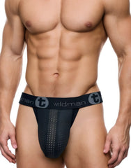 Black wildman brand jockstrap with perforated mesh design and elastic waistband in rubber and cotton materials